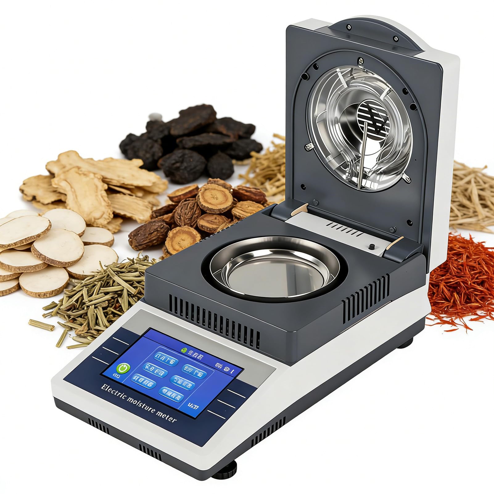 Analizador de Humedad de Laboratorio, balanza Digital de precisión con Pantalla táctil y Calentamiento halógeno de 50 g x 0,005 g, 2 Modos RS232, para Alimentos, Polvos, Hierbas, tés y Carne