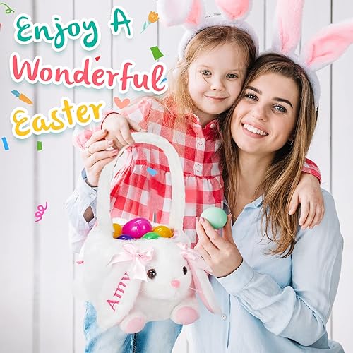 Miniatura 6 de Cesta personalizada de conejo de Pascua de 15 pulgadas, cesta de Pascua personalizada con nombre bordado, cesta de caza de huevos de Pascua para