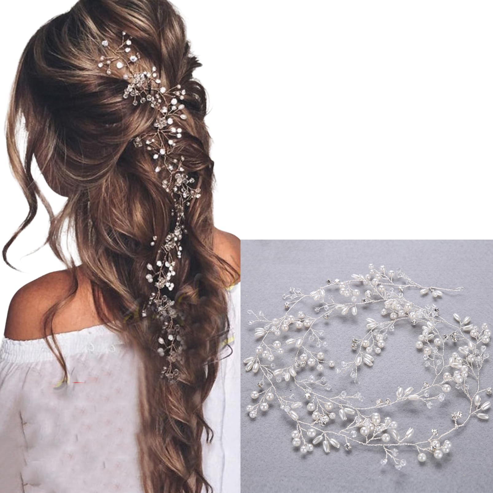 Wedding Hair Accessories for Women,Wedding Hair Vine Bride Headband, Pearl Headband for Bridesmaid Flowergirls (100 cm Silver) (100 cm Silver) (100 cm Silver)