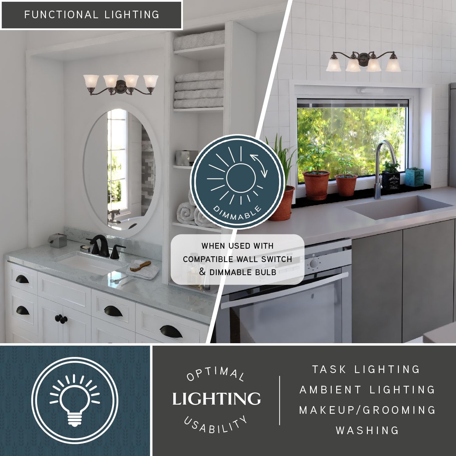 VAXCEL Standford 4-Light 26 inch Wide Oil Burnished Bronze Traditional Bathroom Vanity Lighting Fixture, White Alabaster Glass Shade, Dimmable, LED Compatible, Over The Mirror Mounted Wall Sconce