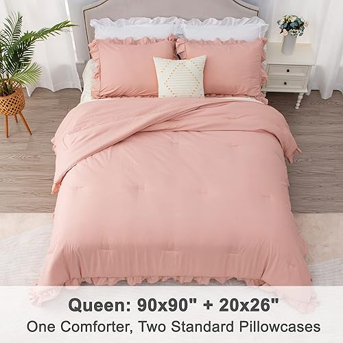 Miniatura 5 de Litanika Juego de edredón Queen de 3 piezas, color rosa rubor, para niñas y mujeres, con volantes, lindos edredones y juegos de ropa de cama,