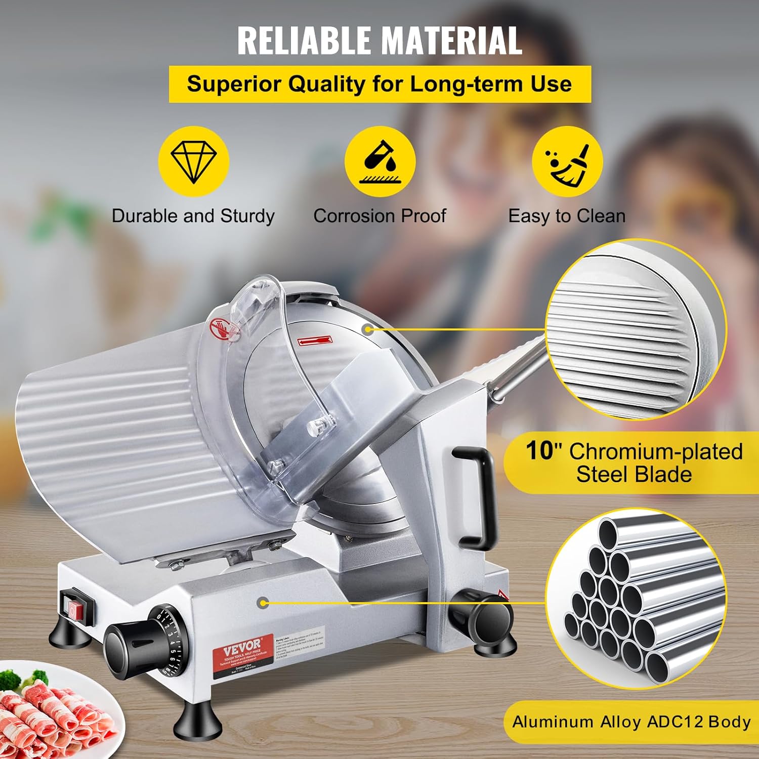 VEVOR Commercial Meat Slicer, 10 inch Electric Food Slicer, 240W Frozen Meat Deli Slicer, Premium Chromium-plated Steel Blade Semi-Auto Meat Slicer For Commercial and Home use