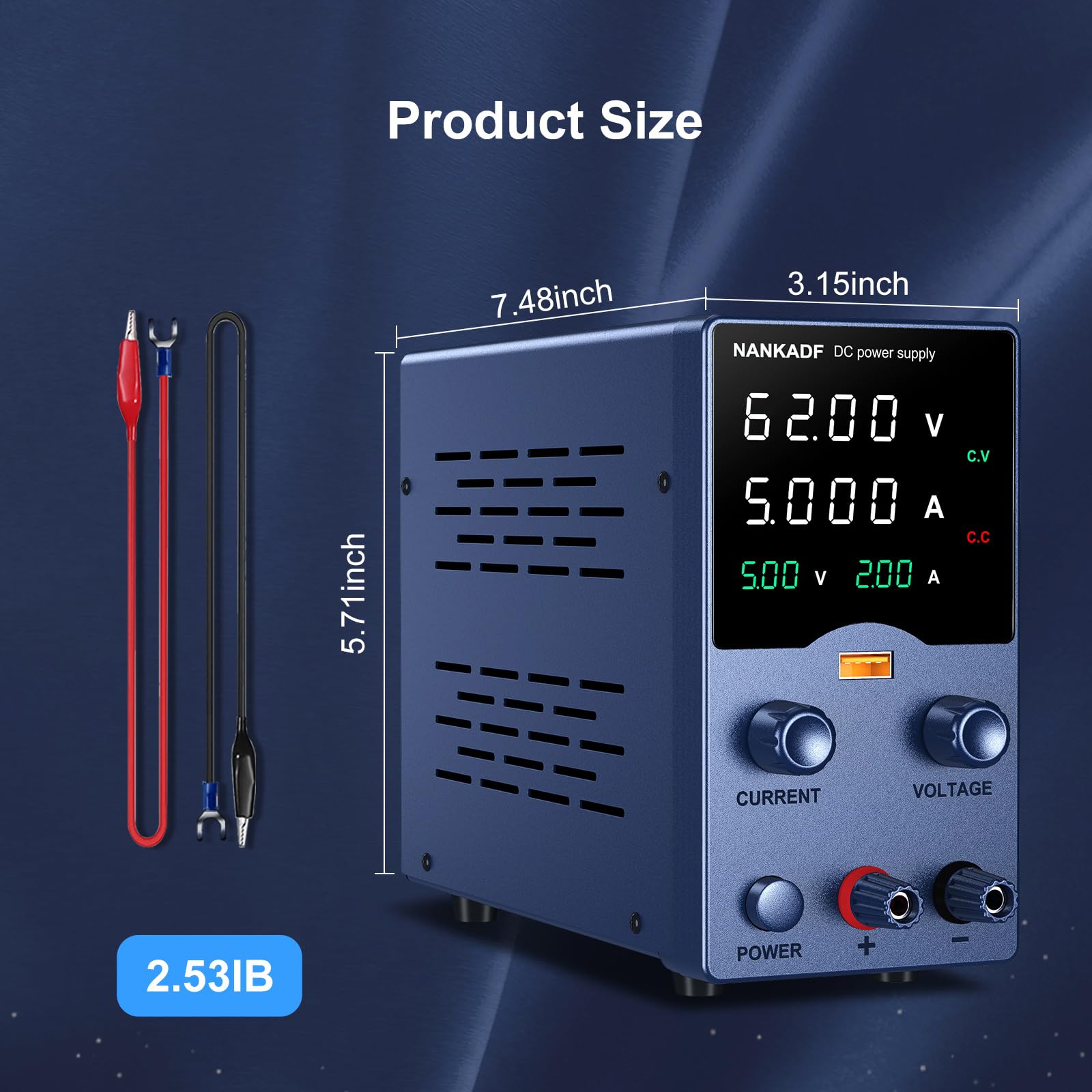 Labornetzteil, DC-Netzteil, Labornetzgerät mit Drehknopfverstellung, einstellbares Schaltnetzteil mit 5V 3,6A USB-Schnellladefunktion (62V 5A)