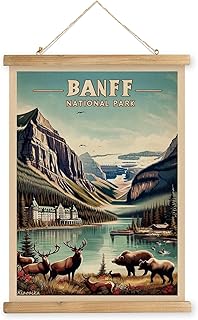 XIAOAIKA Vintage Banff National Park Travel Poster with Wooden Scroll Frame – Holiday Decoration or Gift for Living Room, Bedroom, Office Wall Decor, Retro Art Print 16 x 23 Inches