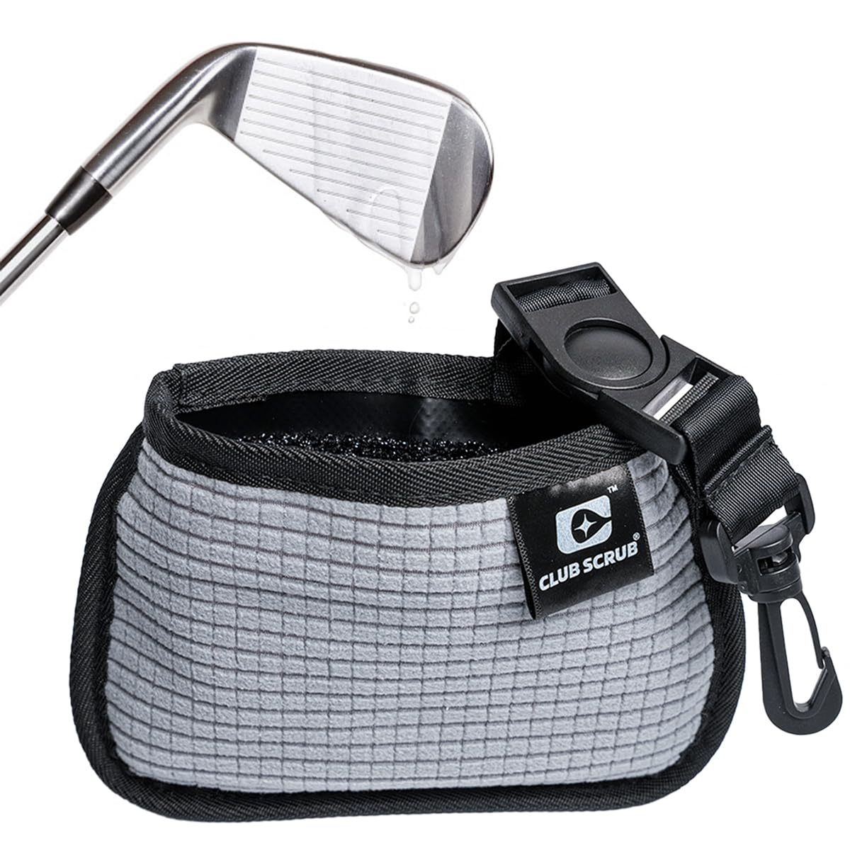 Club Scrub Mini, Golf Club and Golf Ball Cleaning Bag, Waterproof Clean Face Technology Liner, Detachable Clip, Machine Washable, Cleans Club Grooves, Dry Exterior (Gray)