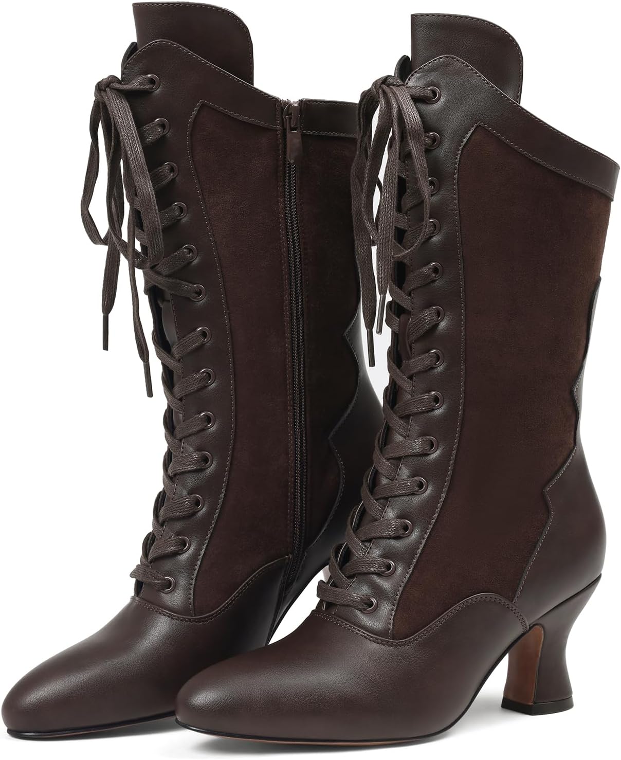 Erocalli Witch Boots For Women Victorian Medieval Vintage Mid-Calf Boots -Kitten Heels, Lace up, Side zipper, Goth, Cosplay Costumes, Dance Shoes