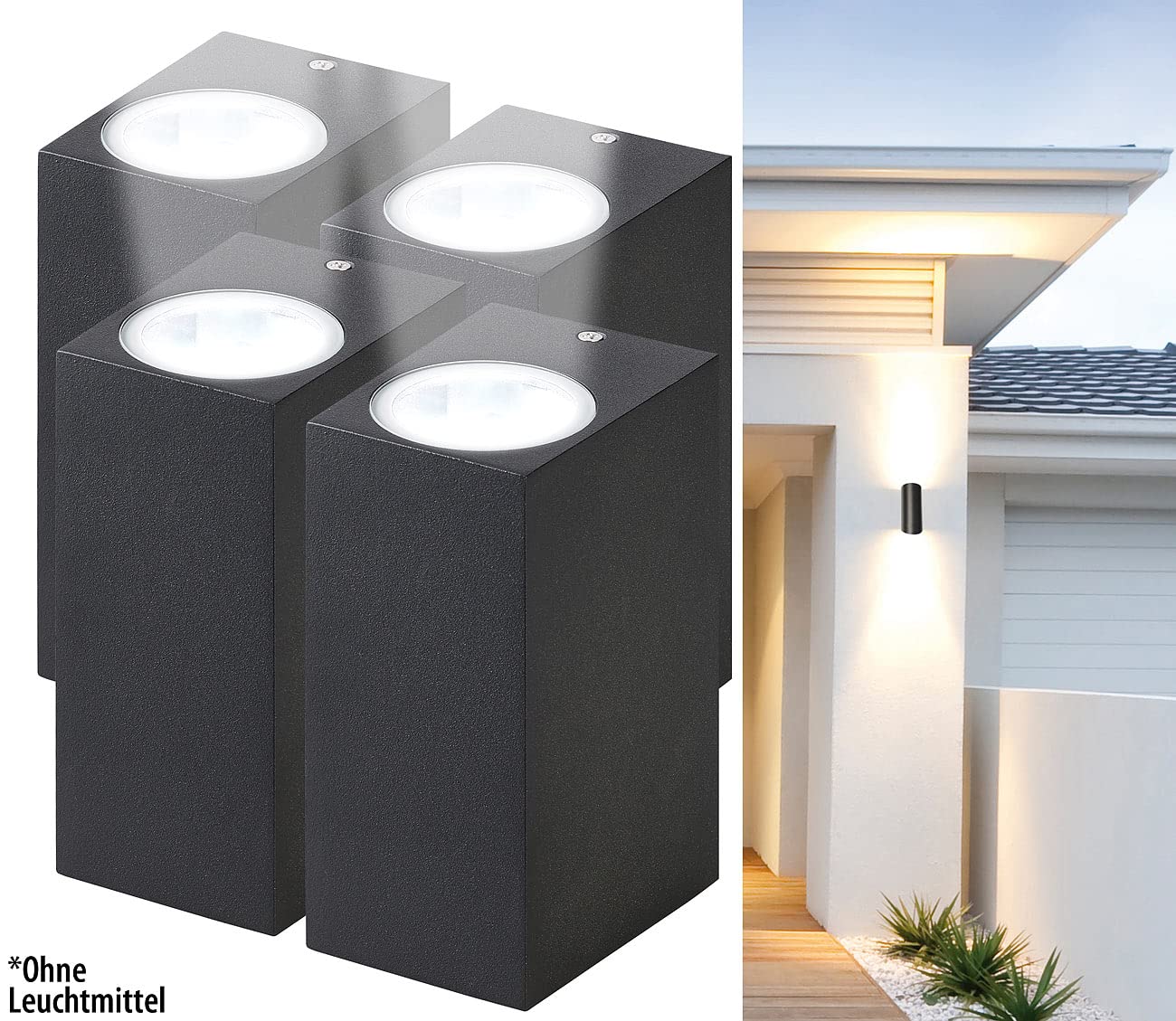 Lunartec lampy do salonu: Zestaw 4 sztuk Kwadratowa lampa ścienna, czarny, 2x gniazdo GU10, IP44 (lampy ścienne do łazienki, lampa zewnętrzna up down)