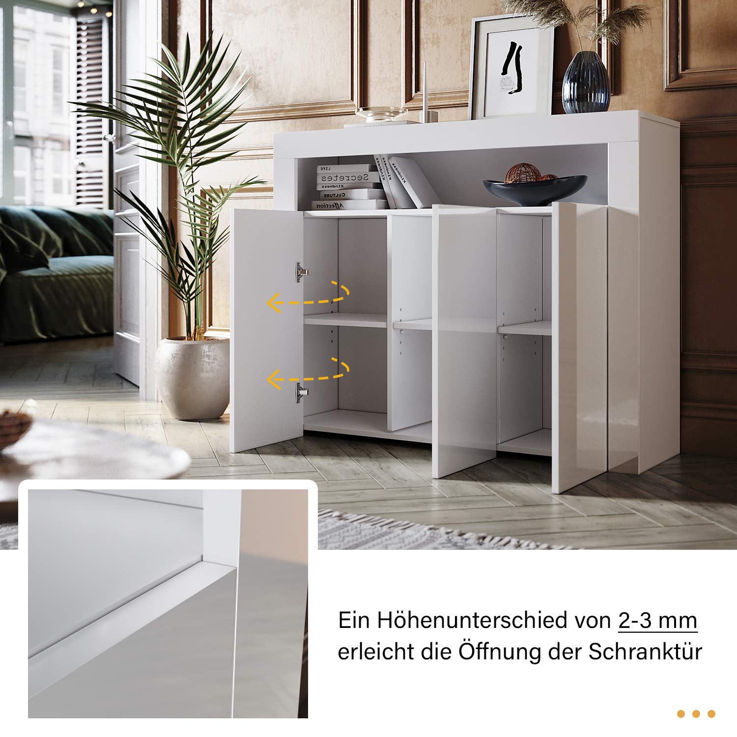 SONNI Groß Sideboard Kommode mit 3 Hochglanz Türen, LED, 116x35x93cm, Weiß | Wohnzimmermöbel, Wohnzimmerschrank, Standschrank, 16 Farben RGB-Funktion mit 4 Grundfarben und 12 Verläufen für Wohnzimmer