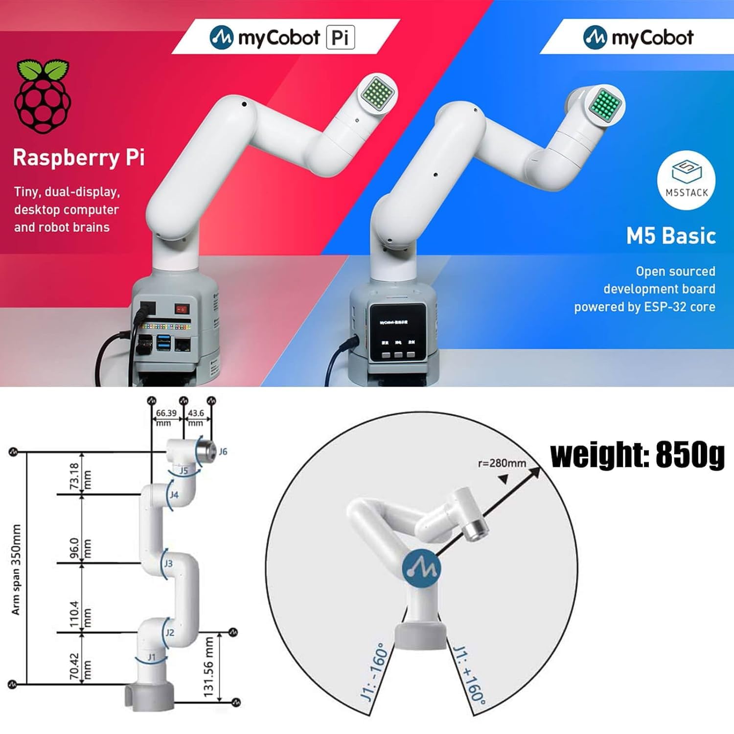 ELEPHANT ROBOTICS Braccio robot myCobot 280 Raspberry Pi 4B - Open-Source 6DOF Braccio robotico collaborativo - Desktop braccio robotico educativo