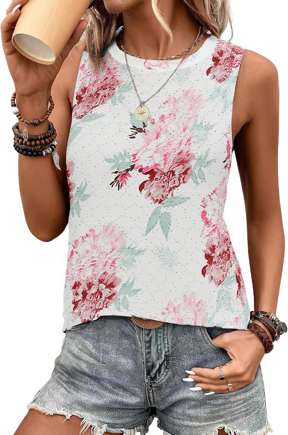 Famulily Rundhals Ausschnitt Tops für Damen Elegante Oberteile Sommer Blusentops mit Lochmuste Boho Style