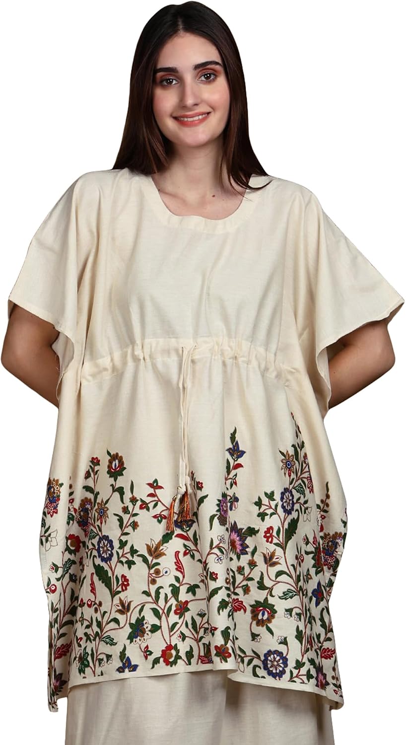 Exotic India Women's Cotton Floral Printed Short Kaftan Top Dori at the Waist | Ethnic Design Night dress Kurti, Kaftan