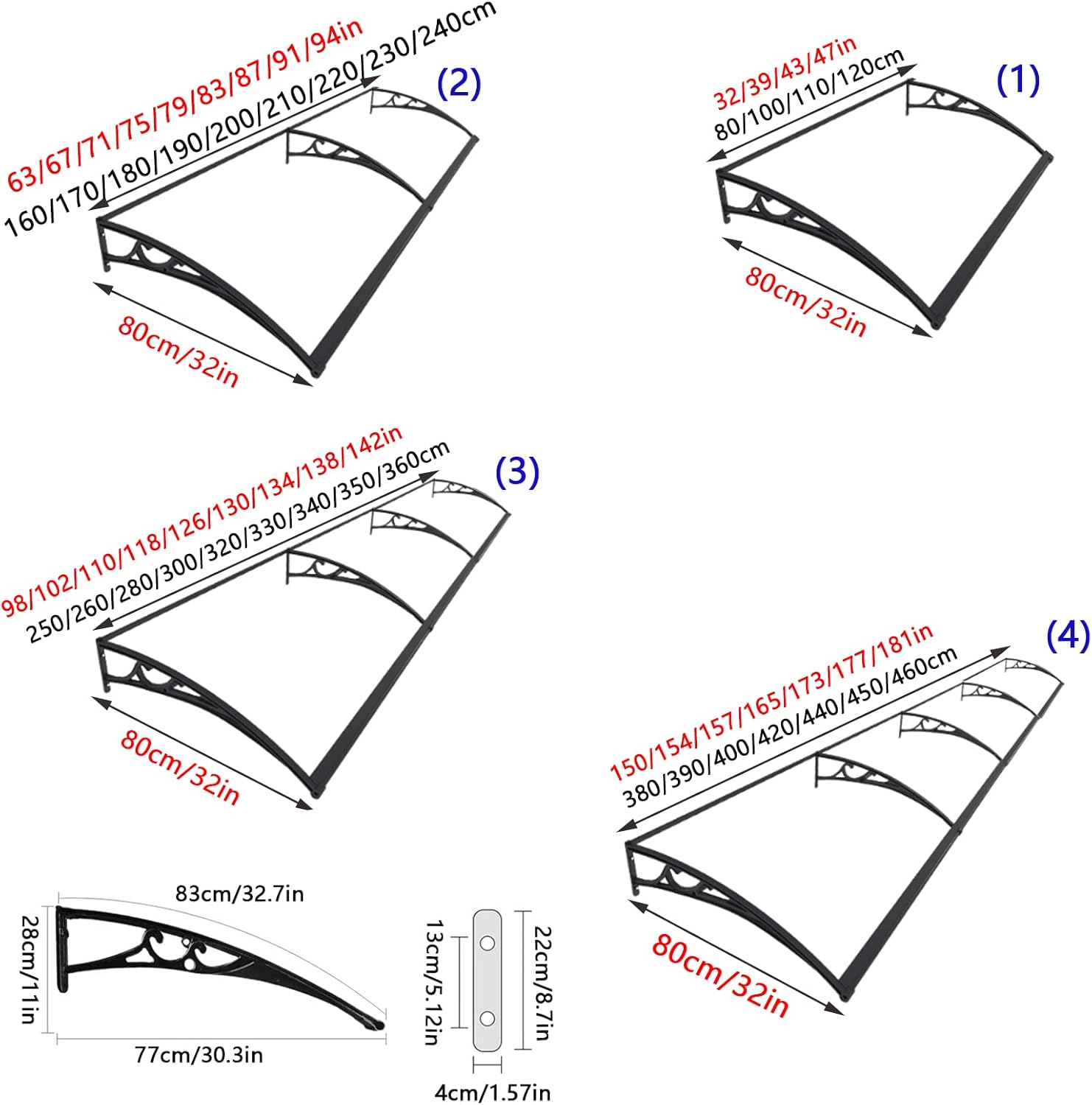 Front Door Canopy Outdoor Awning Aluminium Arched Door Awning,Transparent Polycarbonate with Black Bracket,Metal Window Awning Rain Snow Protection Sun Shade Shelter (80x80cm/32 x31)