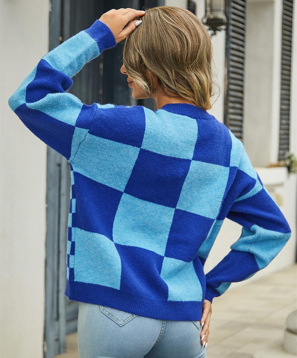 Womens Color Block Plaid Button Down Cardigan Long Sleeve Cable Knit Checkered Sweaters Tops Y2k Aesthetic Clothes - Image 6