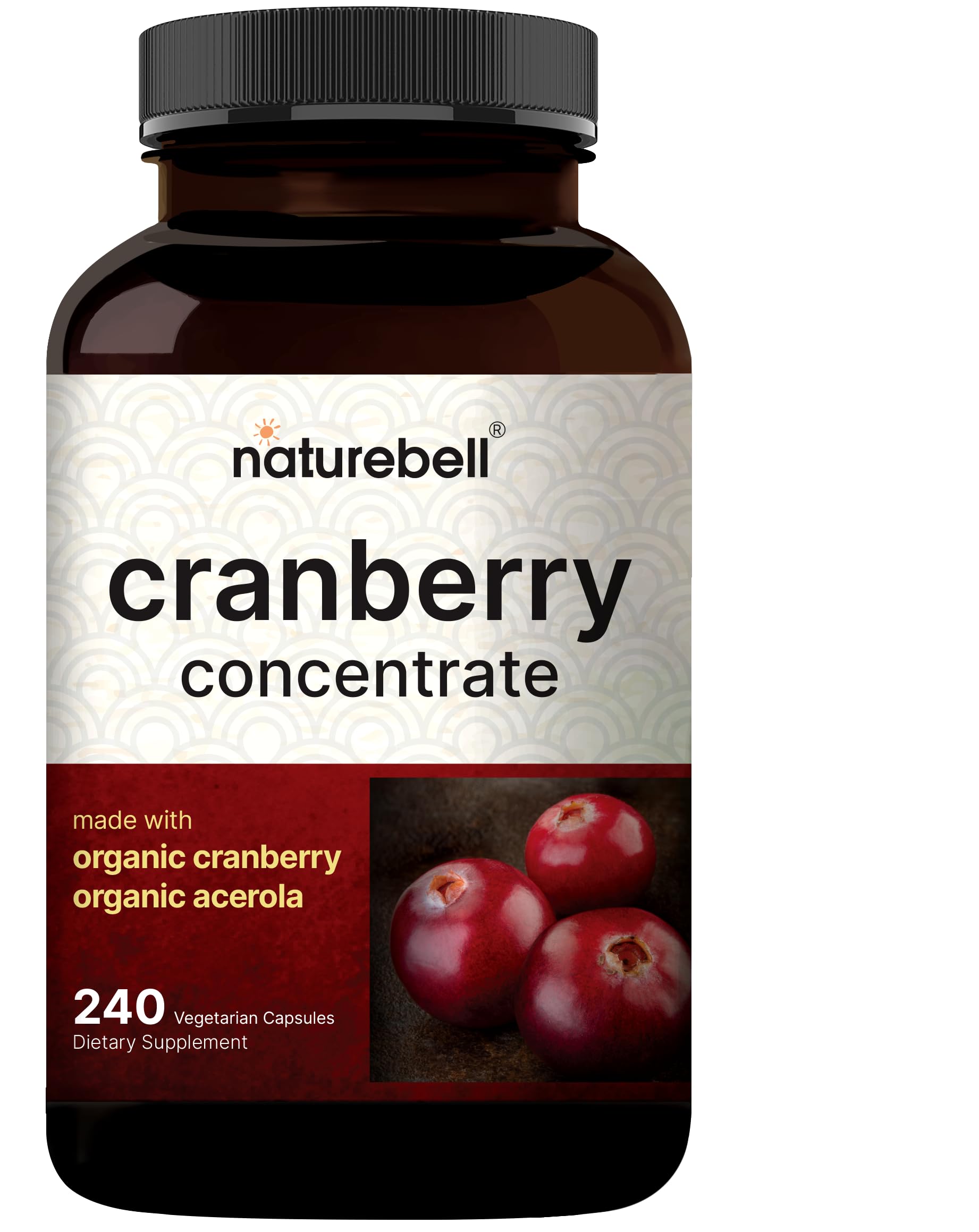 NatureBell Cranberry Pills with Acerola, 240 Veggie Capsules | Fresh Cranberries Extract – Organic Ingredients – Supports Urinary Tract Health – Sugar Free