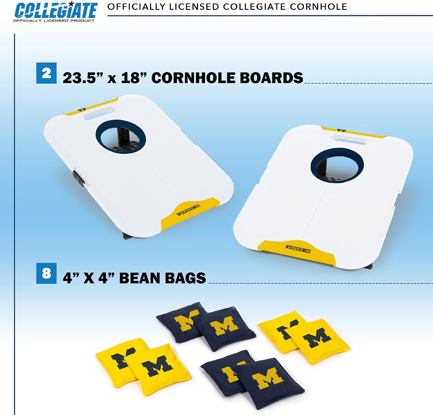Wild Sports NCAA Michigan Wolverines Pro Football All-Weather Cornhole Set - Travel Bean Bag Toss Set Includes 8 Bean Bags