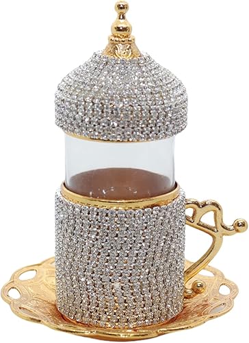 Miniatura 5 de Alisveristime Juego de vasos de té turco adornados con cristales con soportes y platillos de Zamak (juego de 6) (dorado)