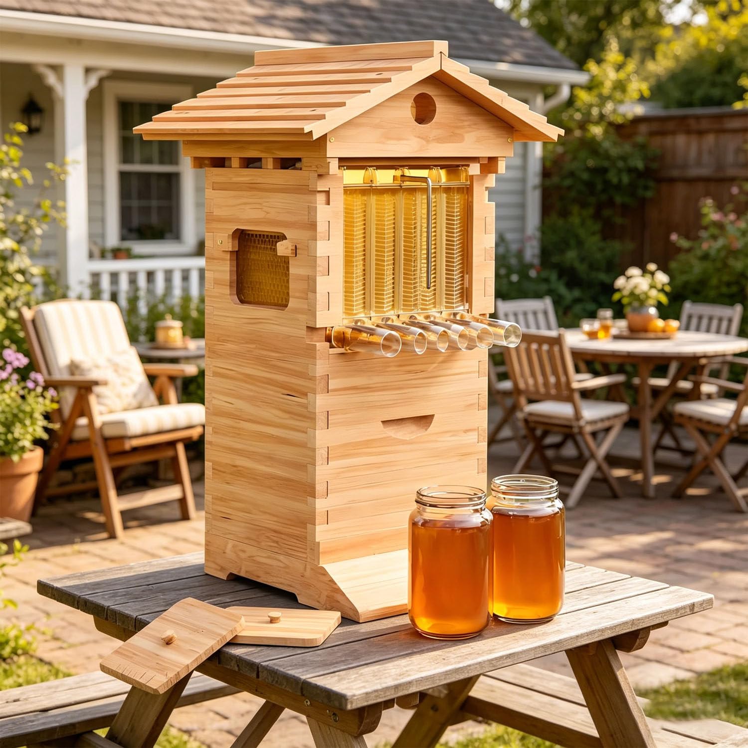 Bienenstock-Starterset, selbstfließender Honigbienenstock mit Sichtfenster und Honigauslauf, inklusive Holzbienenhaus, selbstfließender Honigbienenstock, für Gartenbestäuber