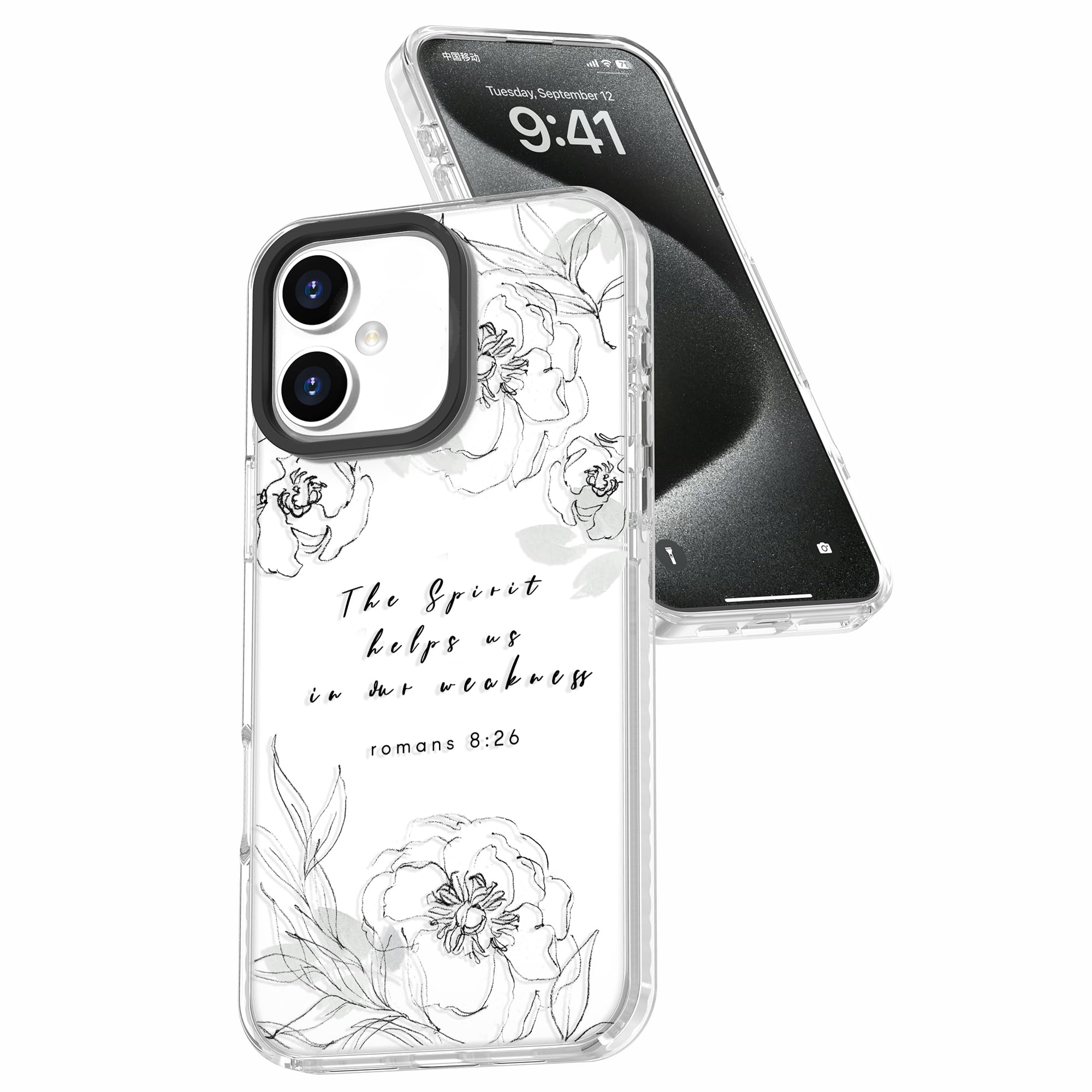 FrepstudioClear Cute Case Compatible with iPhone 16 for Girls Women,Bible Verse Liney Roses Inspirational Scripture Quotes Romans 8:26 Soft Protective Case Compatible for iPhone 16