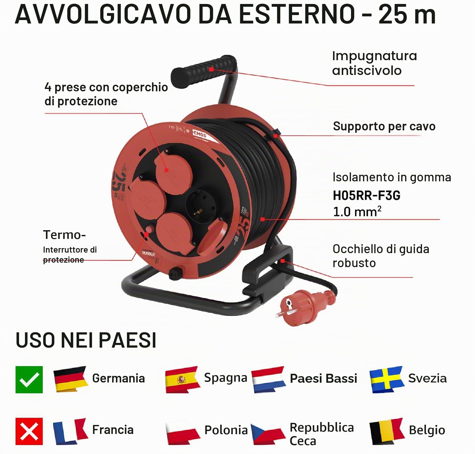 EMOS - Avvolgicavo 25 m - 4 prese Schuko con maggiore protezione contro il contatto - impermeabile e resistente al freddo, resistente agli urti - 230 V, 10 A, 2300 W - Isolamento in gomma - H05RR-F3G