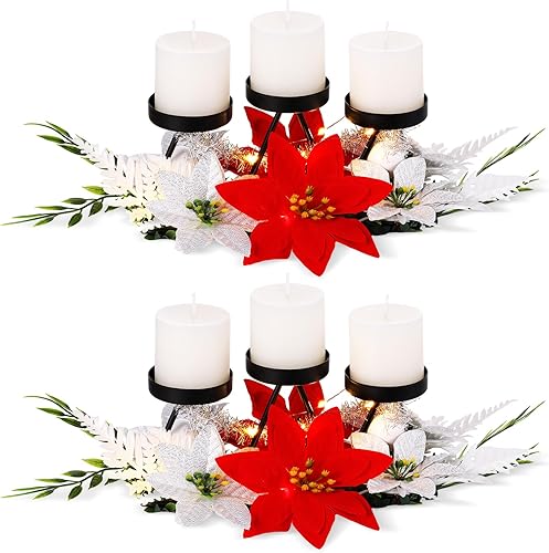 Miniatura 7 de Juego de 2 decoraciones de mesa de centro de mesa de Navidad con 3 portavelas de Navidad de Pascua para chimenea, repisa, comedor, cocina, interior