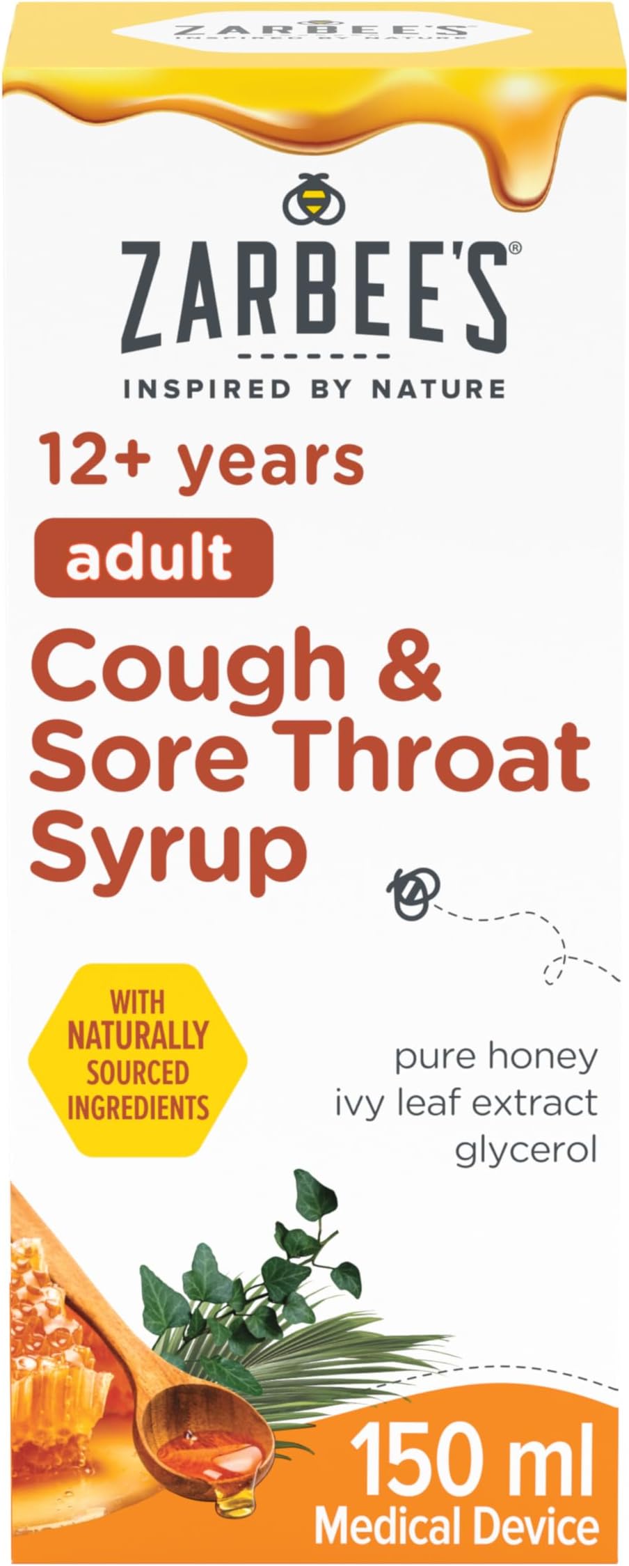 Zarbee's Adult Cough and Sore Throat Syrup, 150 ml, Honey-Based Relief for Dry or Chesty Cough, Sore Throat Relief, Alcohol Free, No Artificial Colours or Flavours, Suitable For Adults
