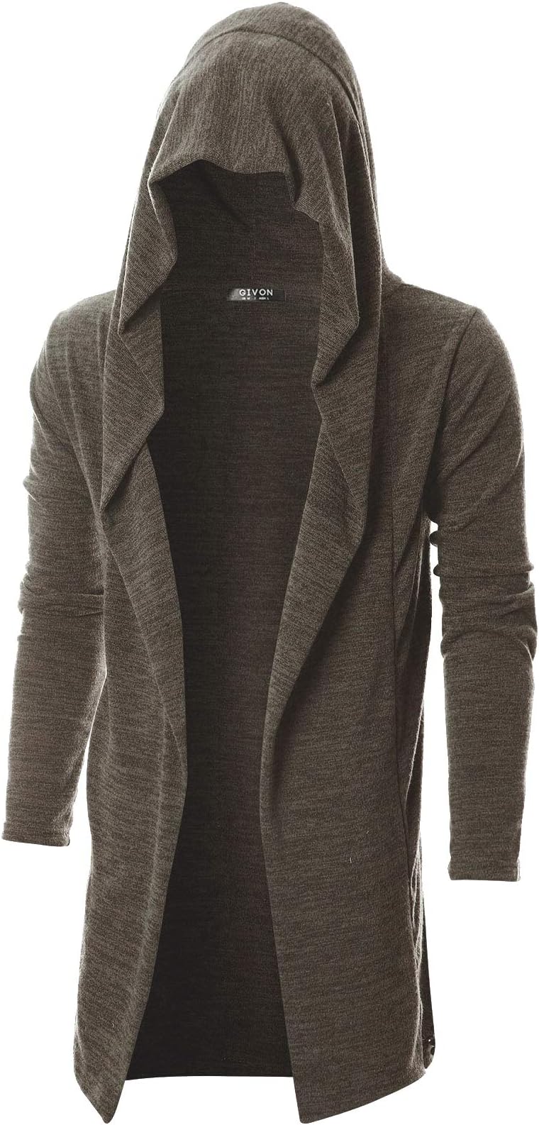 GIVON Mens Long Sleeve Draped Lightweight Open Front Longline Hooded Cardigan