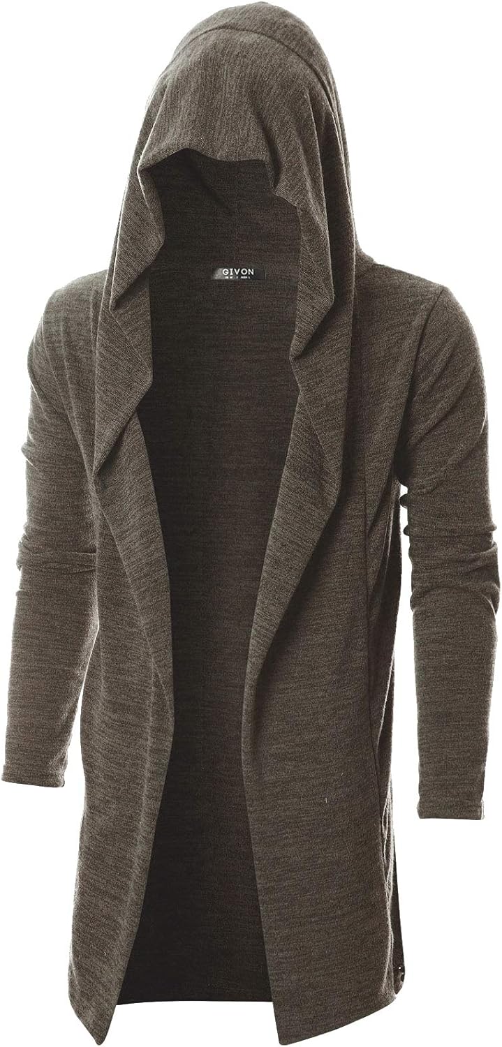 GIVON Mens Long Sleeve Draped Lightweight Open Front Longline Hooded Cardigan at  Men’s Clothing store