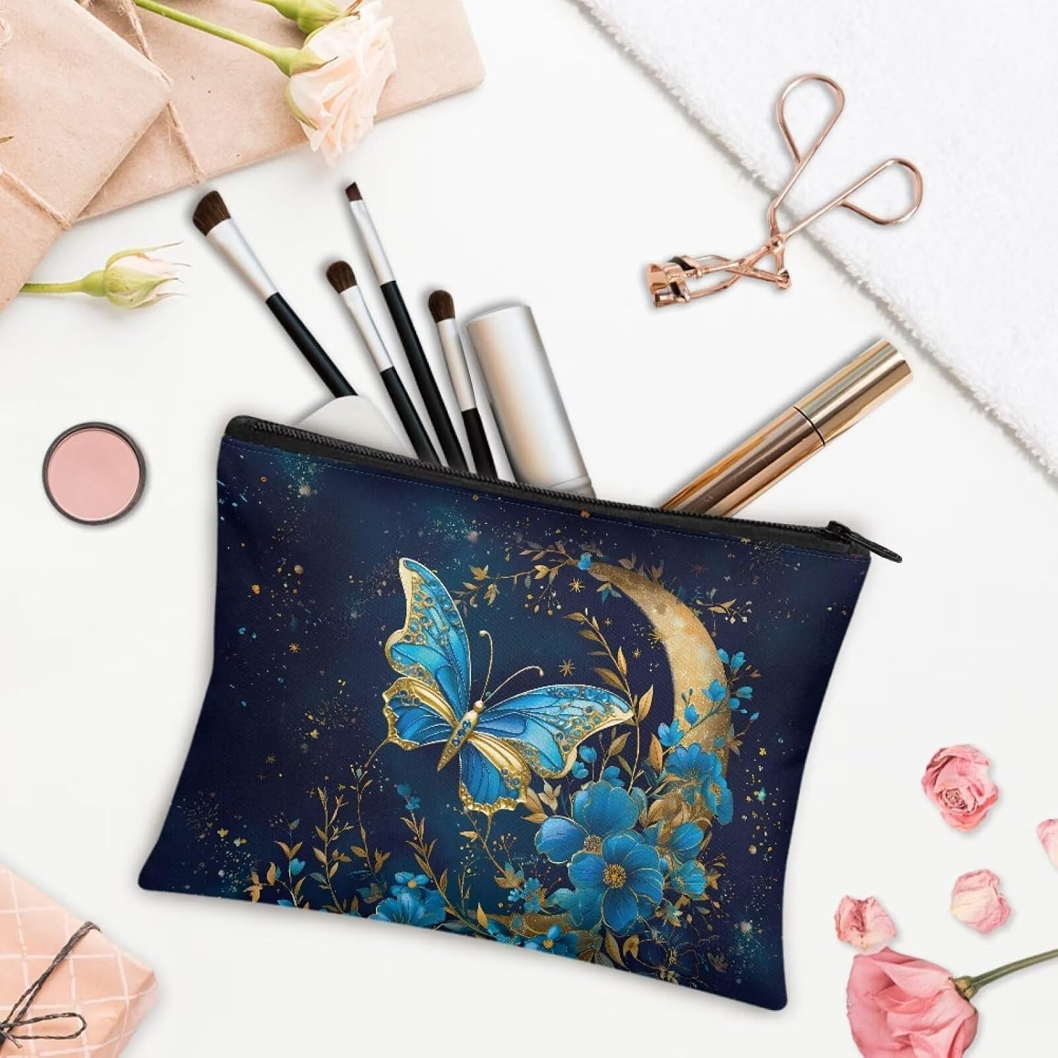 Flashideas Blue Butterfly Makeup Bag for Purse Travel Portable Small Cosmetic Organizer Cosmetic Bag for Women Can Hold Makeup Brushes Skincare