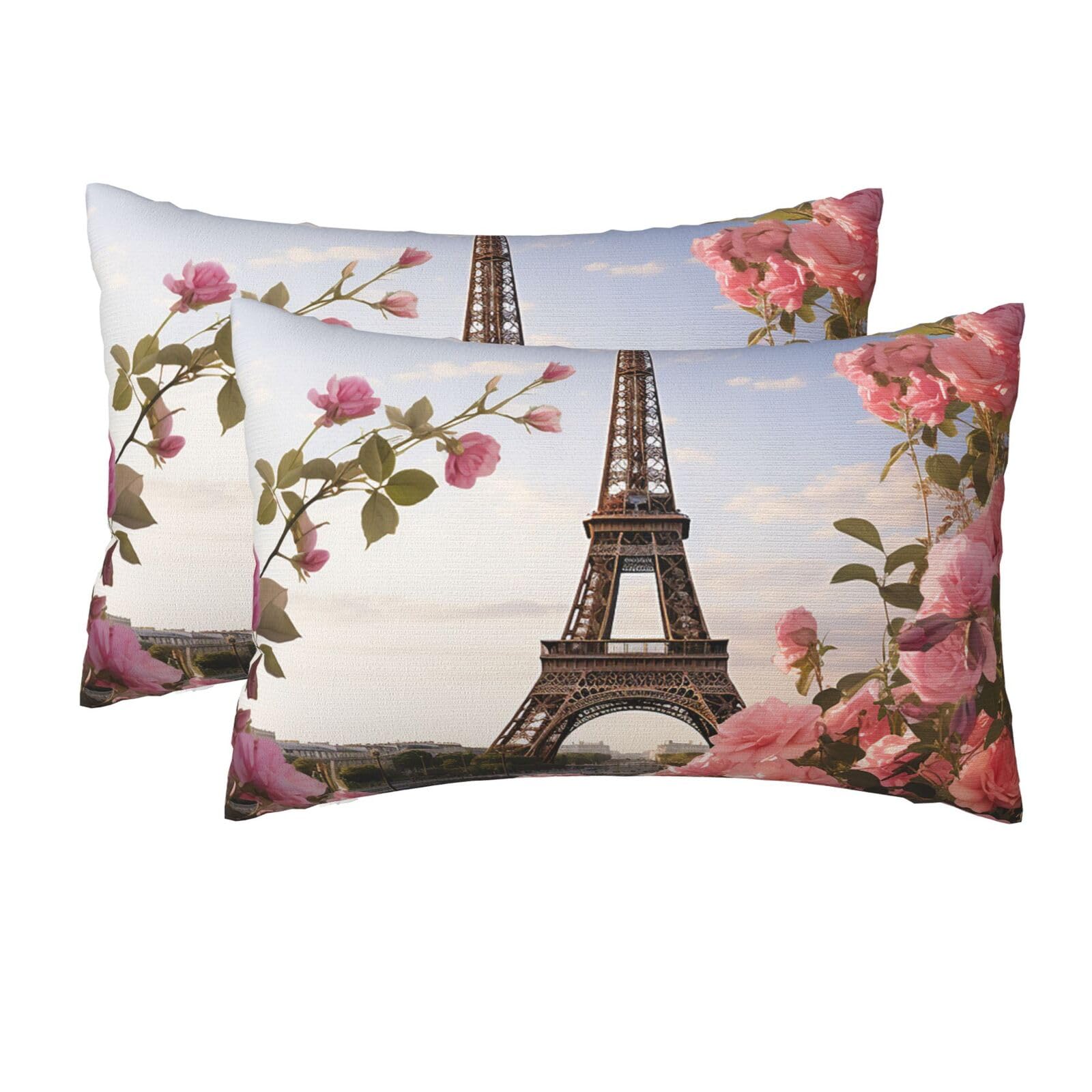 2 Pack Queen Pillow Cases with Hidden Zipper, Soft Breathable Pillow Covers for Hair and Skin, Eiffel Tower Spring Flowers Pillowcases 20"x30" Bed Pillow Protectors Cover for Sleeping Gifts