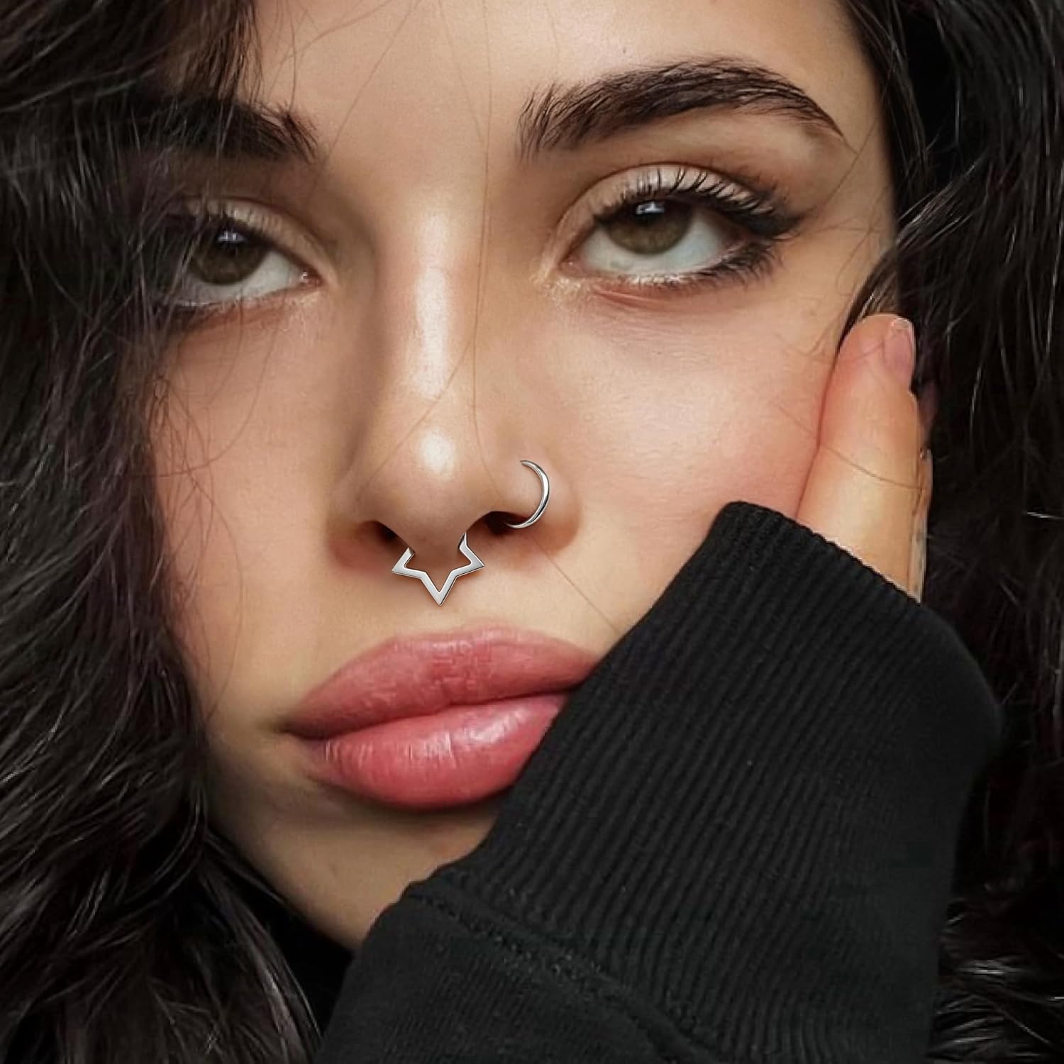 BodyBonita 16G Straight Septum Rings, 316L Surgical Steel D Shaped Septum Jewelry, Star Lace Chain Nose Rings Hoops Clicker, Helix Tragus Rook Daith Piercings for Women Men 8 mm - Image 6