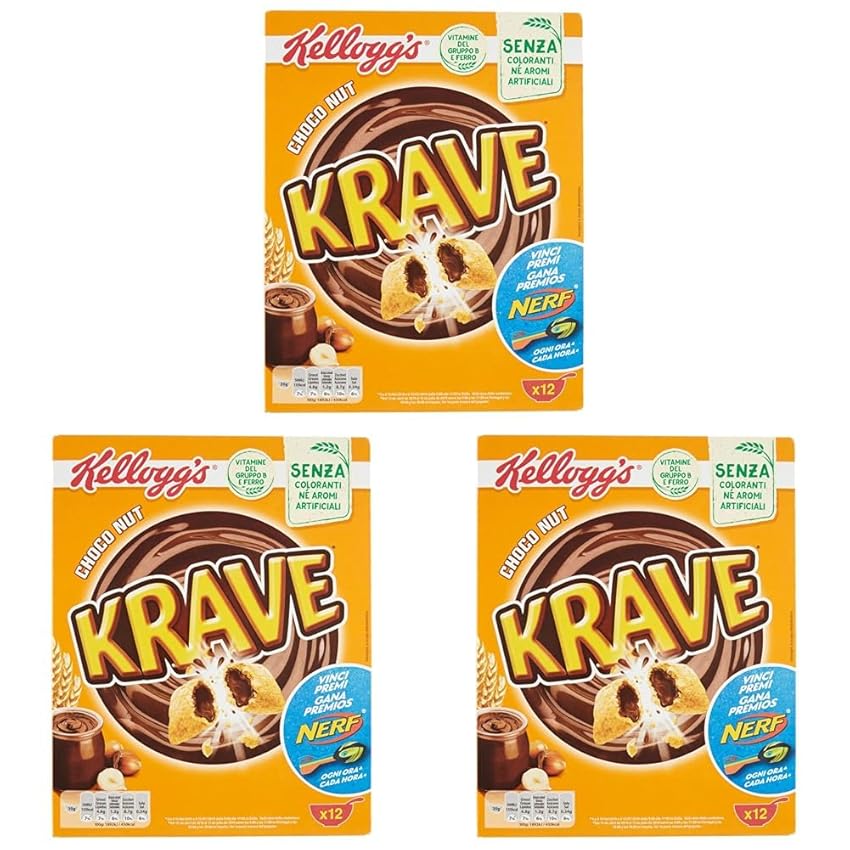 Kellogg's Krave Cereali al Cioccolato, Vitamine B, Ferro - 375 gr (Confezione da 3)