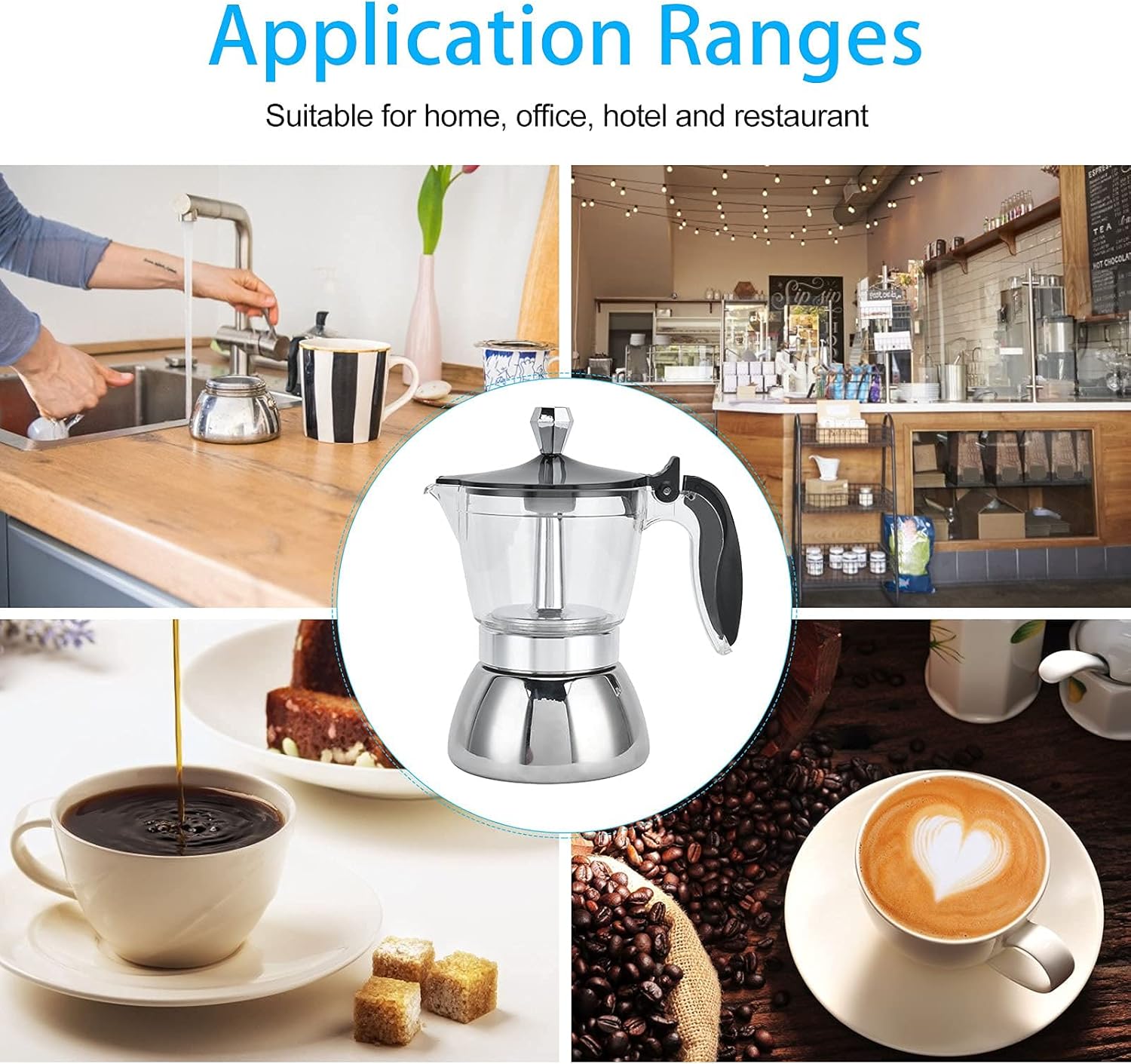 Stainless Steel Coffee Maker, 4 Cup Stovetop Pot Modern Design, Heat Handle, Transparent, Suit Home, Office, Hotel and Restaurant