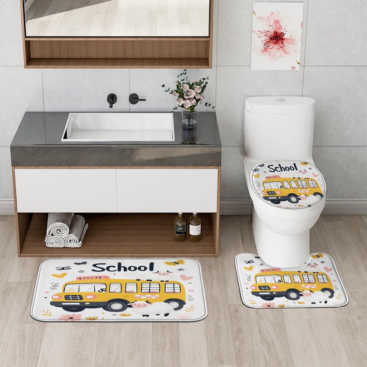 4PCS Cartoon Sheep Bathroom Accessory Sets with Non-Slip Rug, U Shape and Toilet Lid Cover Mat, Kid School Bus Bathroom Fabric Decor-72''x72''