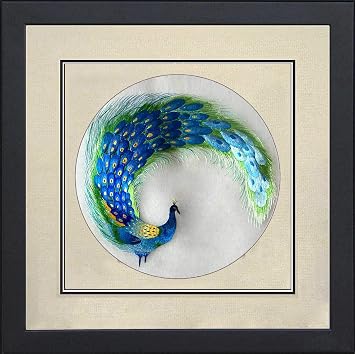 King Silk Art 100% Handmade Embroidery Framed Peacock Feather in a Circlr Oriental Wall Hanging Art Asian Decoration Tapestry Artwork Picture Gifts 32210WF