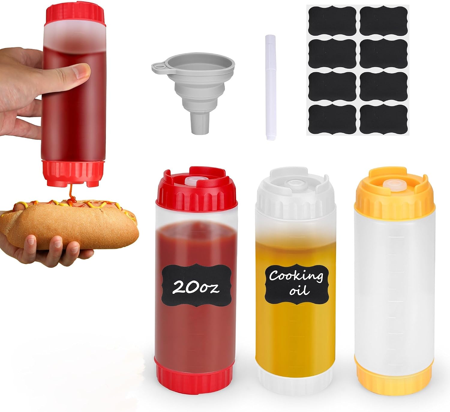 3pcs 20 oz Inverted Condiment Squeeze Bottles, Leak-proof Refillable Sauce Container for All Types Liquid, Plastic Squeeze Dispenser for Ketchup Mustard Mayo Honey Syrup Oil