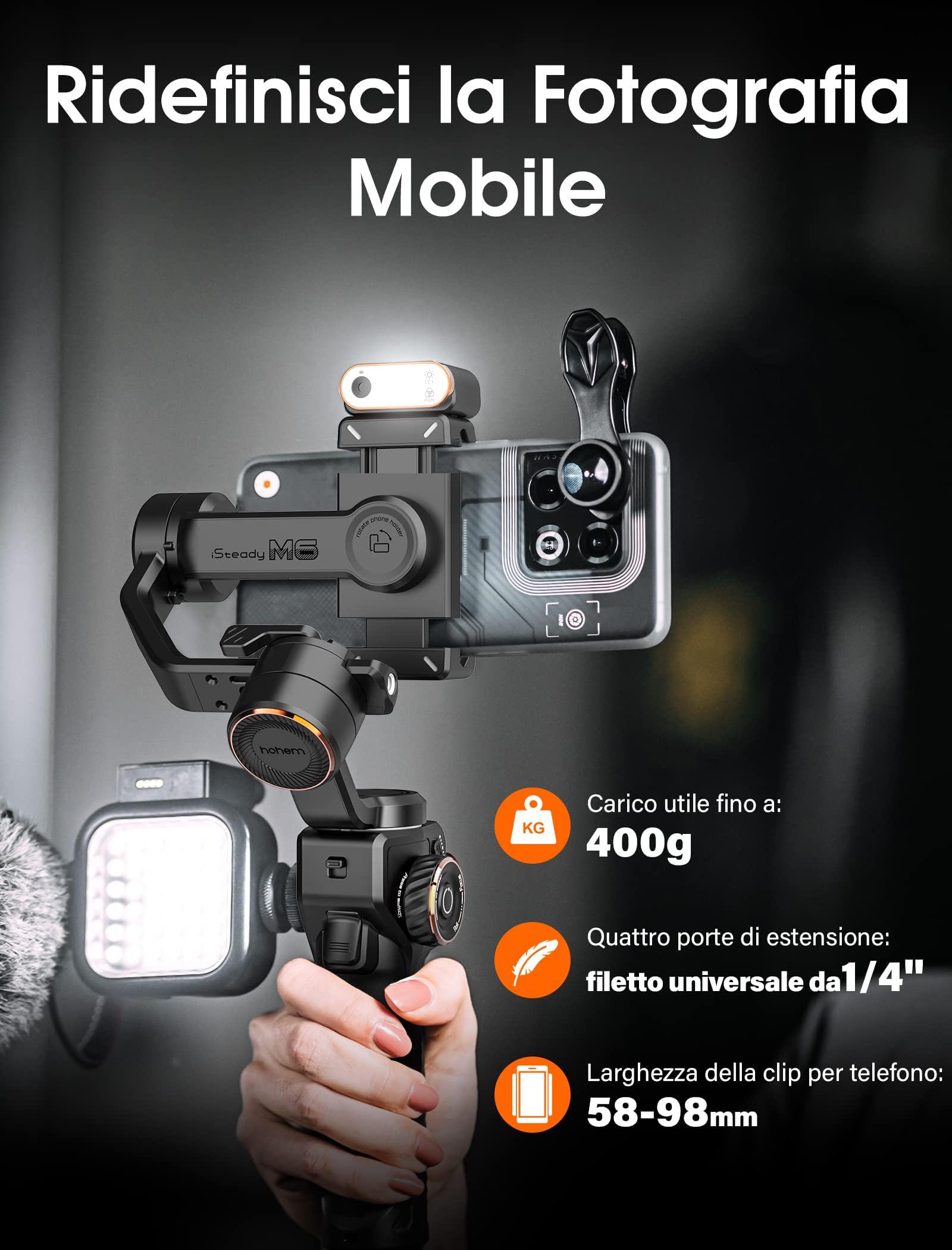 hohem iSteady M6 Kit Stabilizzatore Smartphone, Gimbal a 3 Assi Aggiornato, Tracker Magnetico AI con Luce CCT/RGB Regolabile, 0,91 Pollici Display, Max. Carico Utile 400g, per YouTube/Vlog