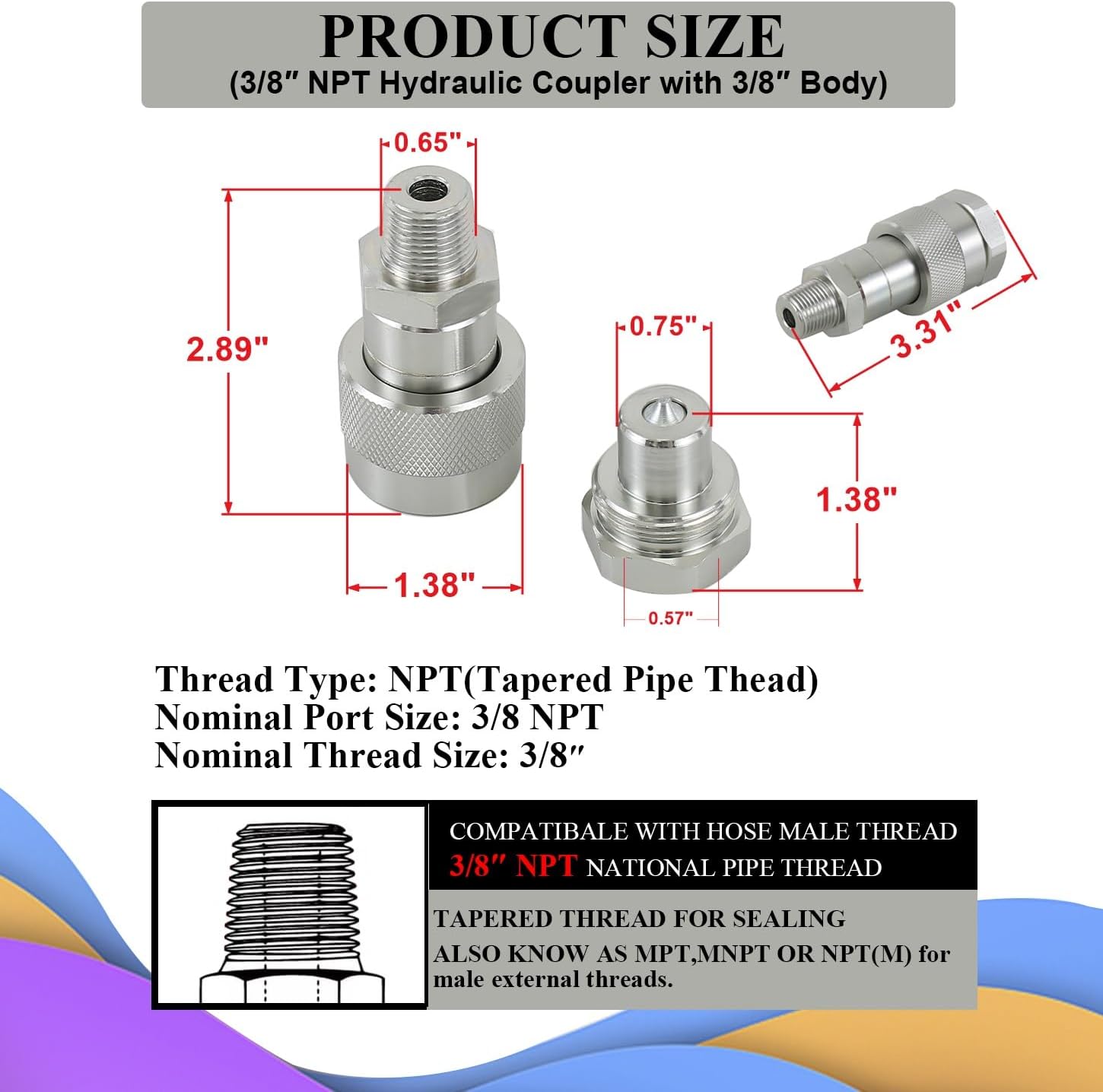 2 Sets 3/8"NPT Hydraulic Quick Connect-Disconnect Coupler 10,000 PSI High Pressure Replaces Enerpac C-604 w/Dust Caps
