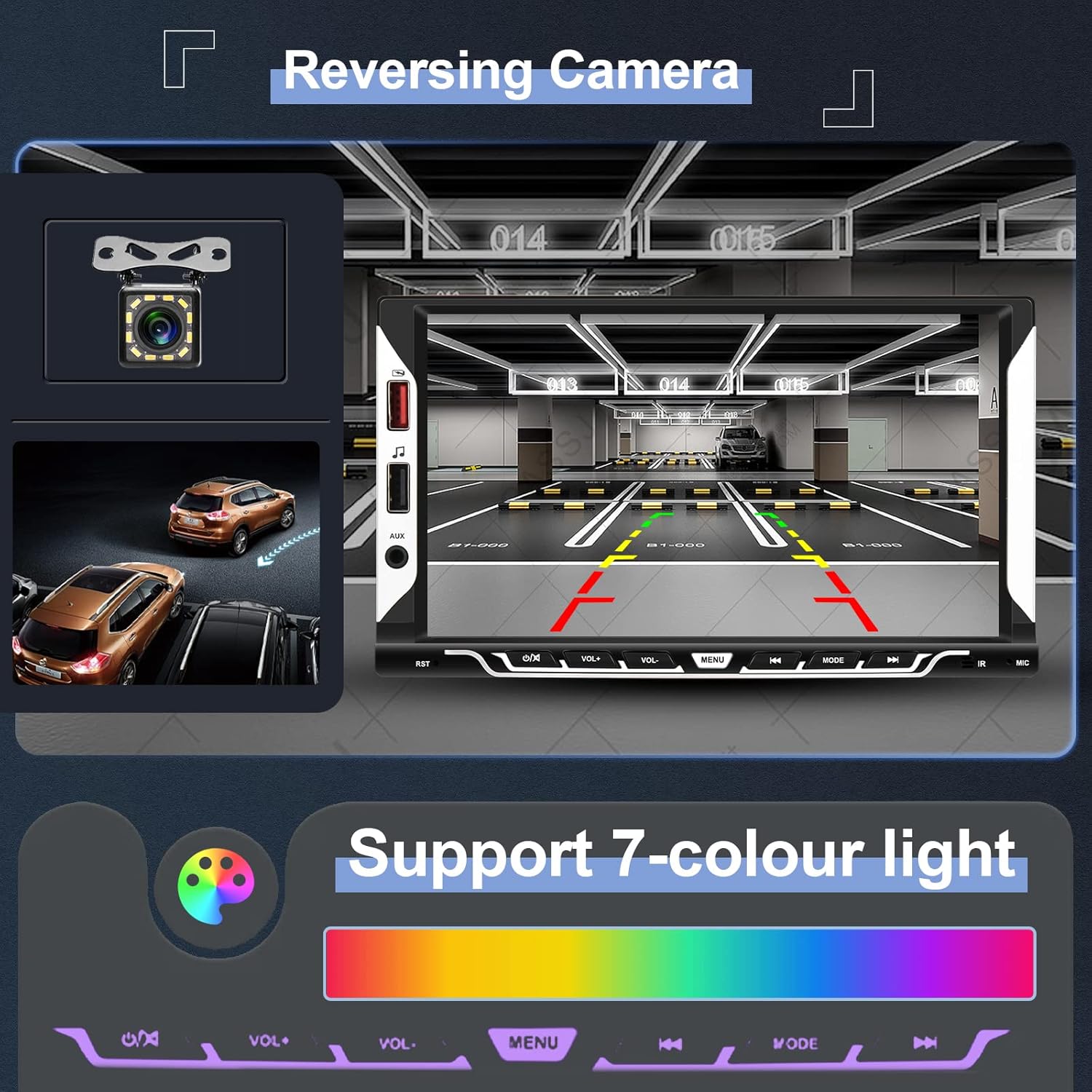 Hodozzy 9310W Car Stereo displaying reversing camera view and 7-color light settings.