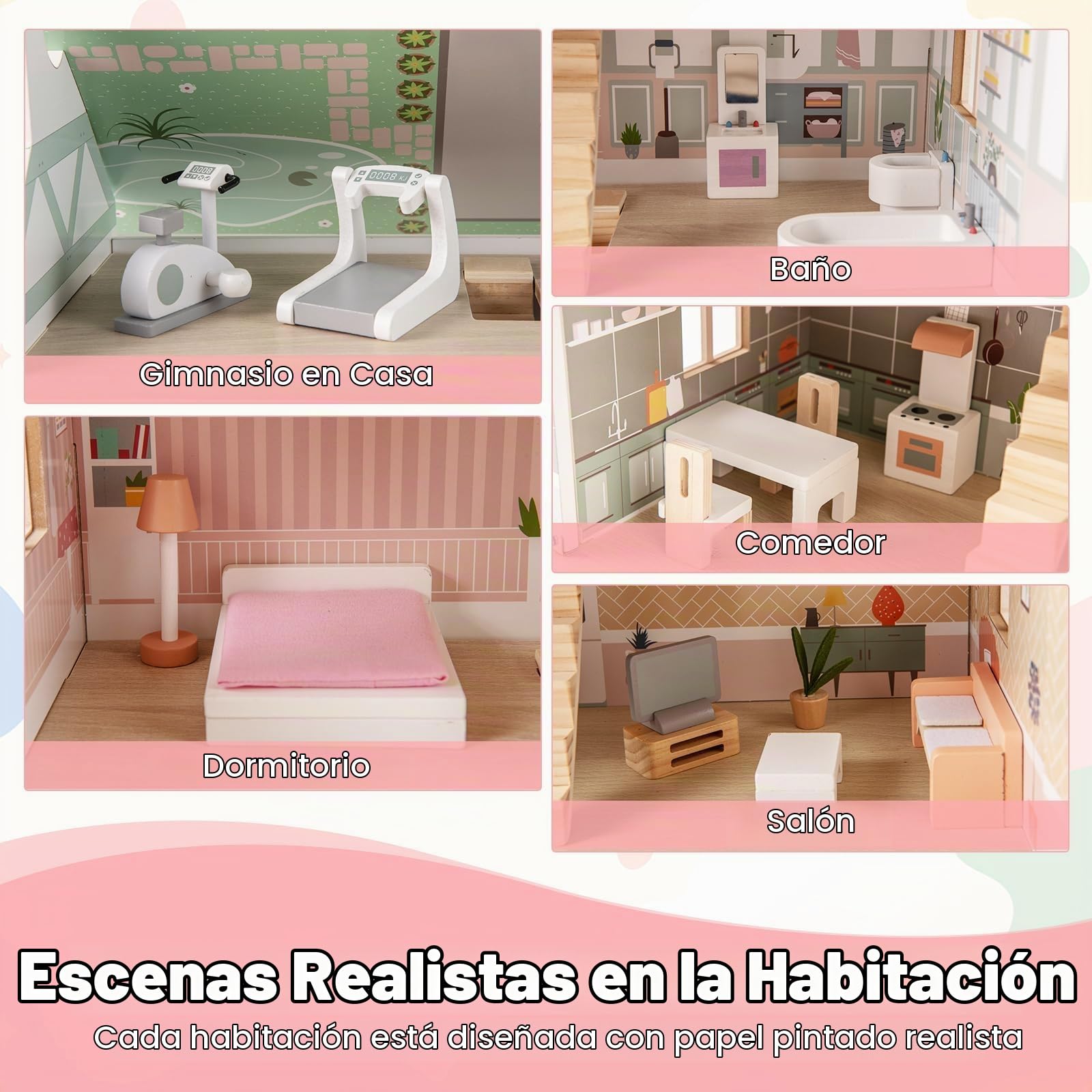 RELAX4LIFE Casa de Muñecas de 3 Pisos con Muebles, Tejado Doble y Panel Frontal Abierto, Casa de Muñecas Madera para Niños de 3-7 Años, Regalo para Niños, 55 x 33,5 x 66 cm, Rosa