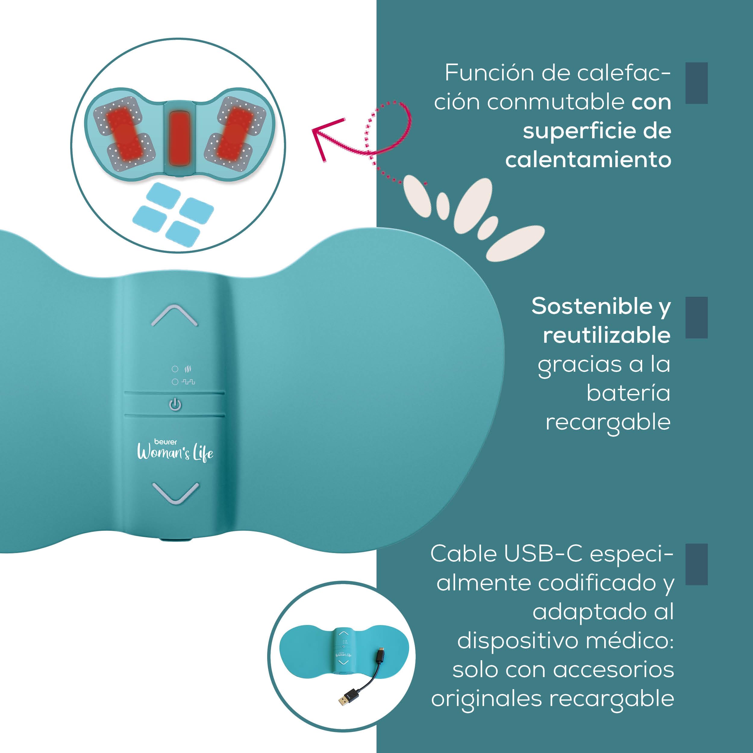 Beurer EM 55 Menstrual Relax+ , contra el dolor menstrual y el dolor de la endometriosis, TENS y función de calor, con batería recargable, superficie de calor más grande, turquesa