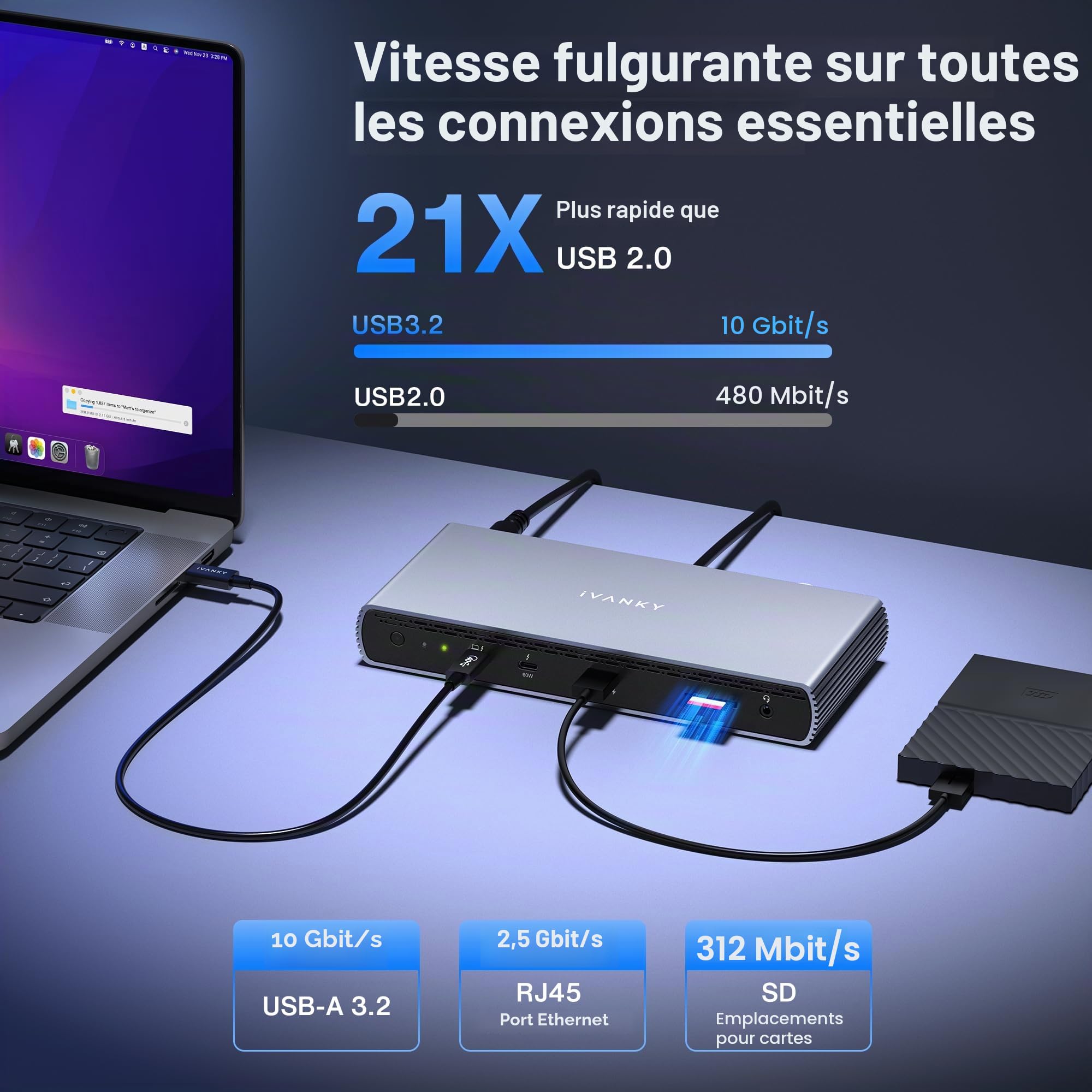 iVANKY Station d'accueil Thunderbolt 5 Dock Certifiée Intel, FusionDock Pro 3 Double 6K@60Hz pour MacBook M1/M2/M3/M4/M5 Pro/Max, Double 8K pour Windows TB5, Alimentation 180W, 120Gbps, 2.5GbE
