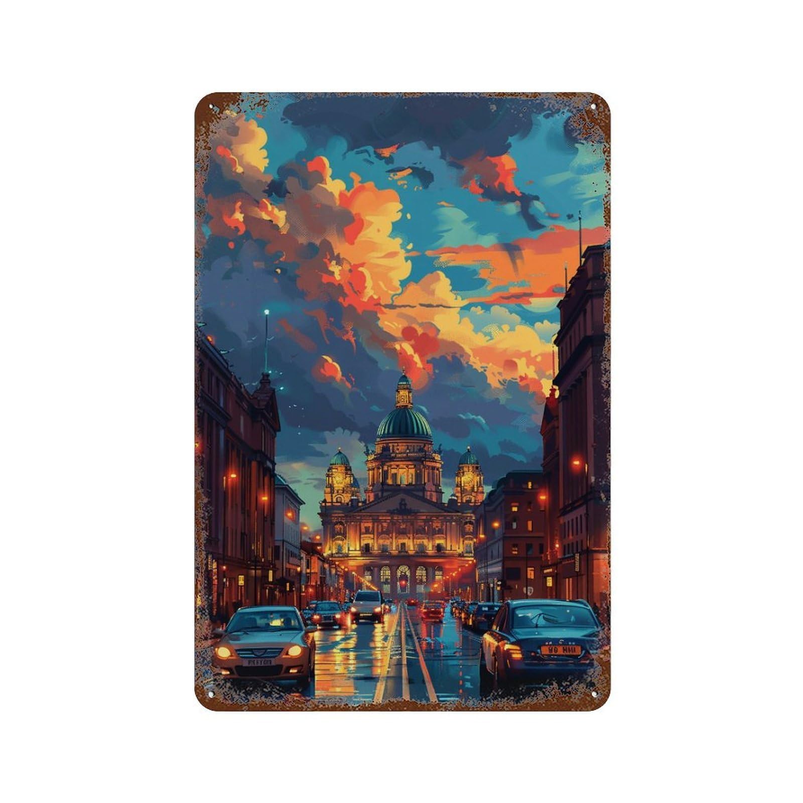 Cityscape with Dome Building Weathered Tin Sign 11.8"x7.9", Rustic Home Decor for Garage, Pub Or Kitchen