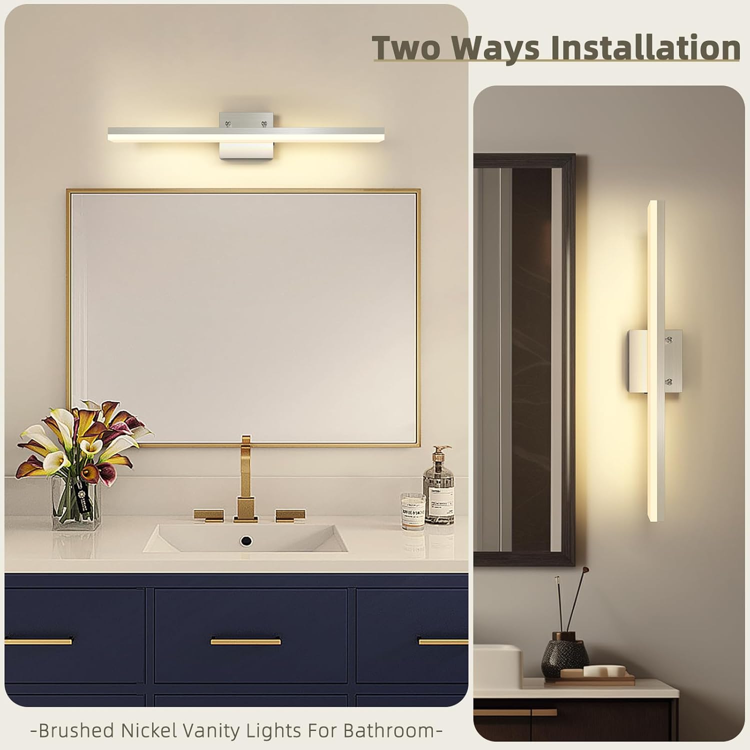 Brushed Nickel Vanity Light for Bathroom - 5CCT Dimmable, Adjustable Angle, 23.62-inch Long 16W LED Bar Light Fixture Over Mirror - Modern Wall Lighting