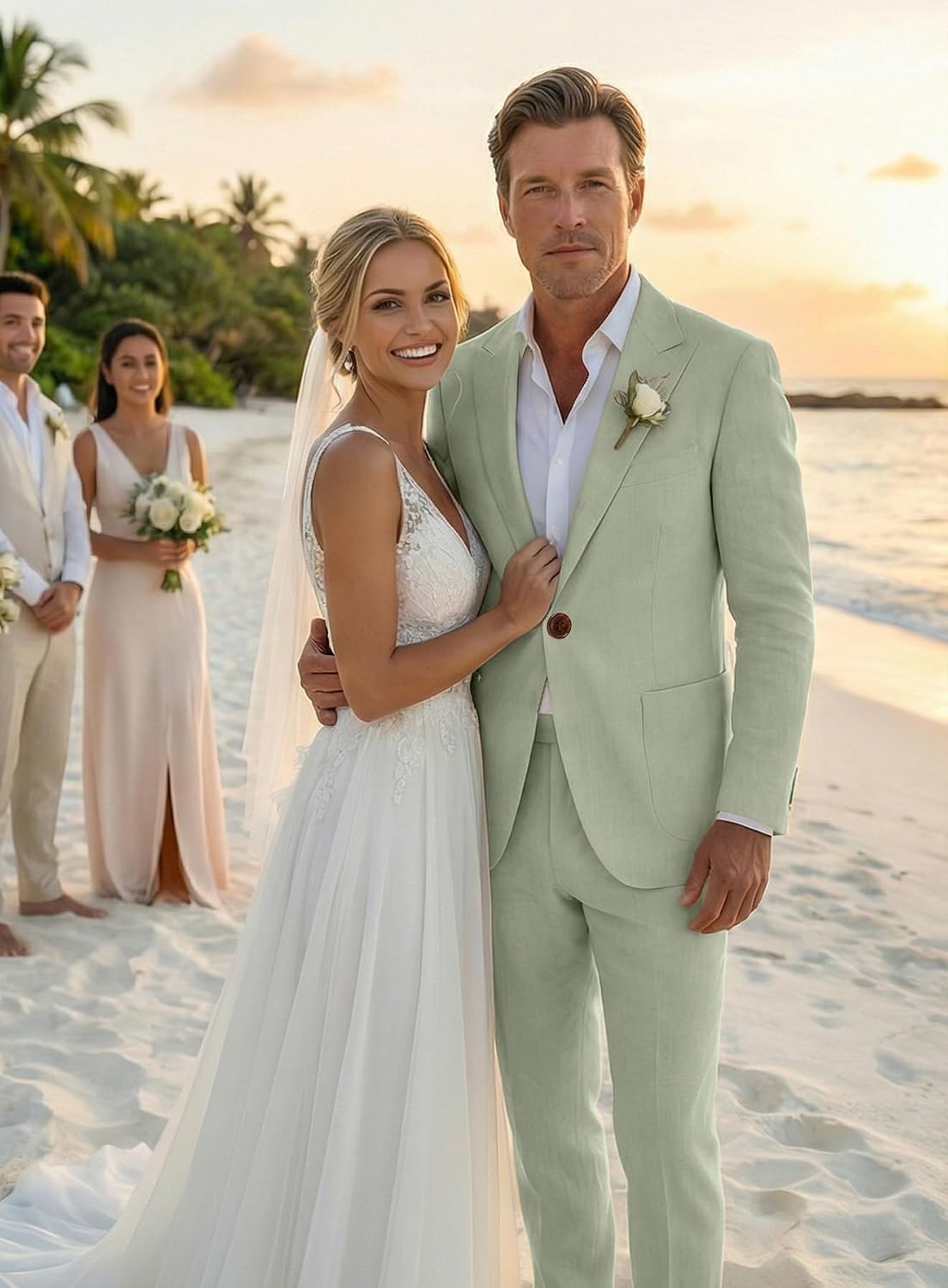 Men's Linen Suit 2 Piece Set Men Slim Fit Suits Business Beach Groomsmen Wedding Casual Prom Tuxedo Blazer Jacket Dress Pants