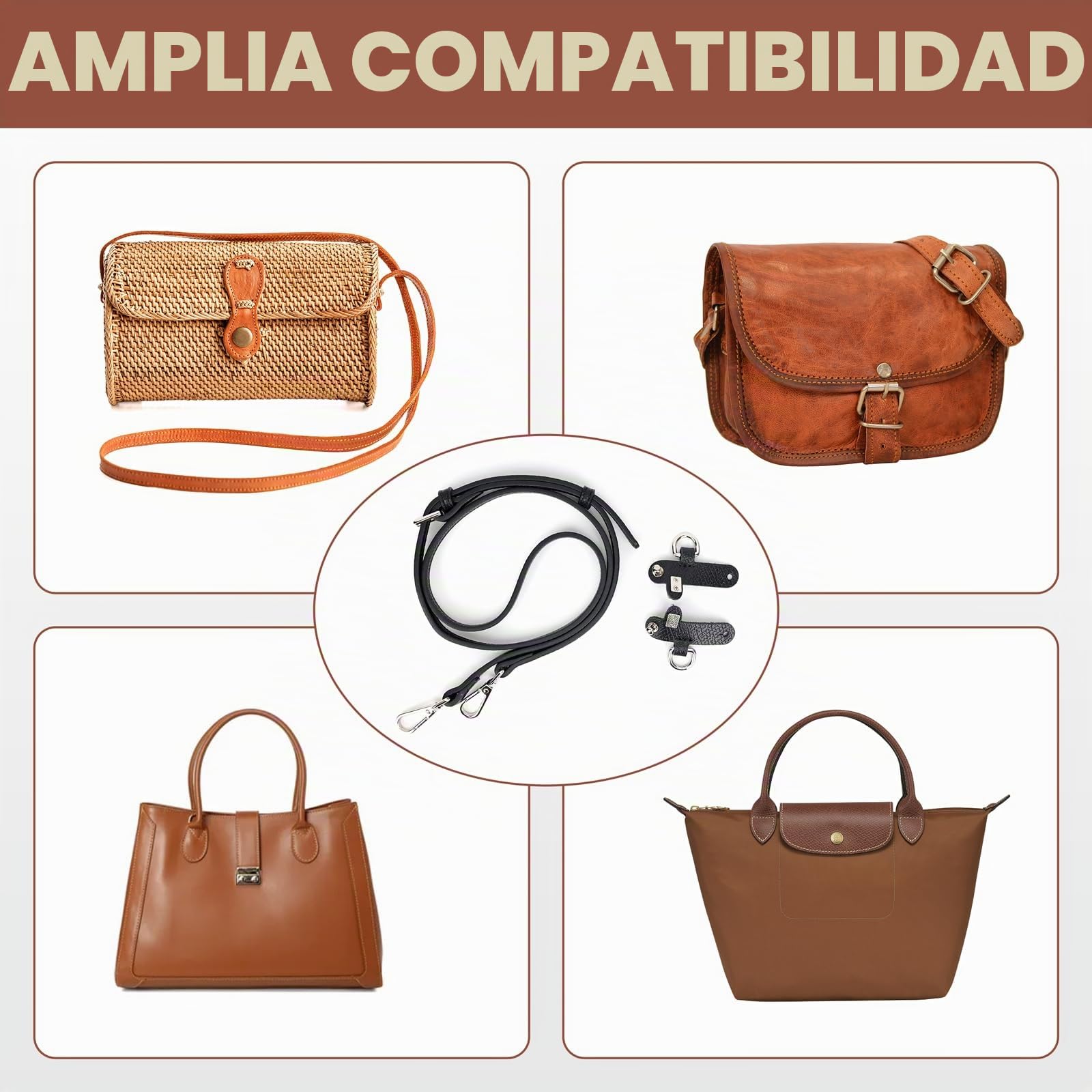 GADITIEK Correa Longchamp - Diseño de hebilla ajustable sin perforaciones para correa de mini bolso longchamp, piel marrón