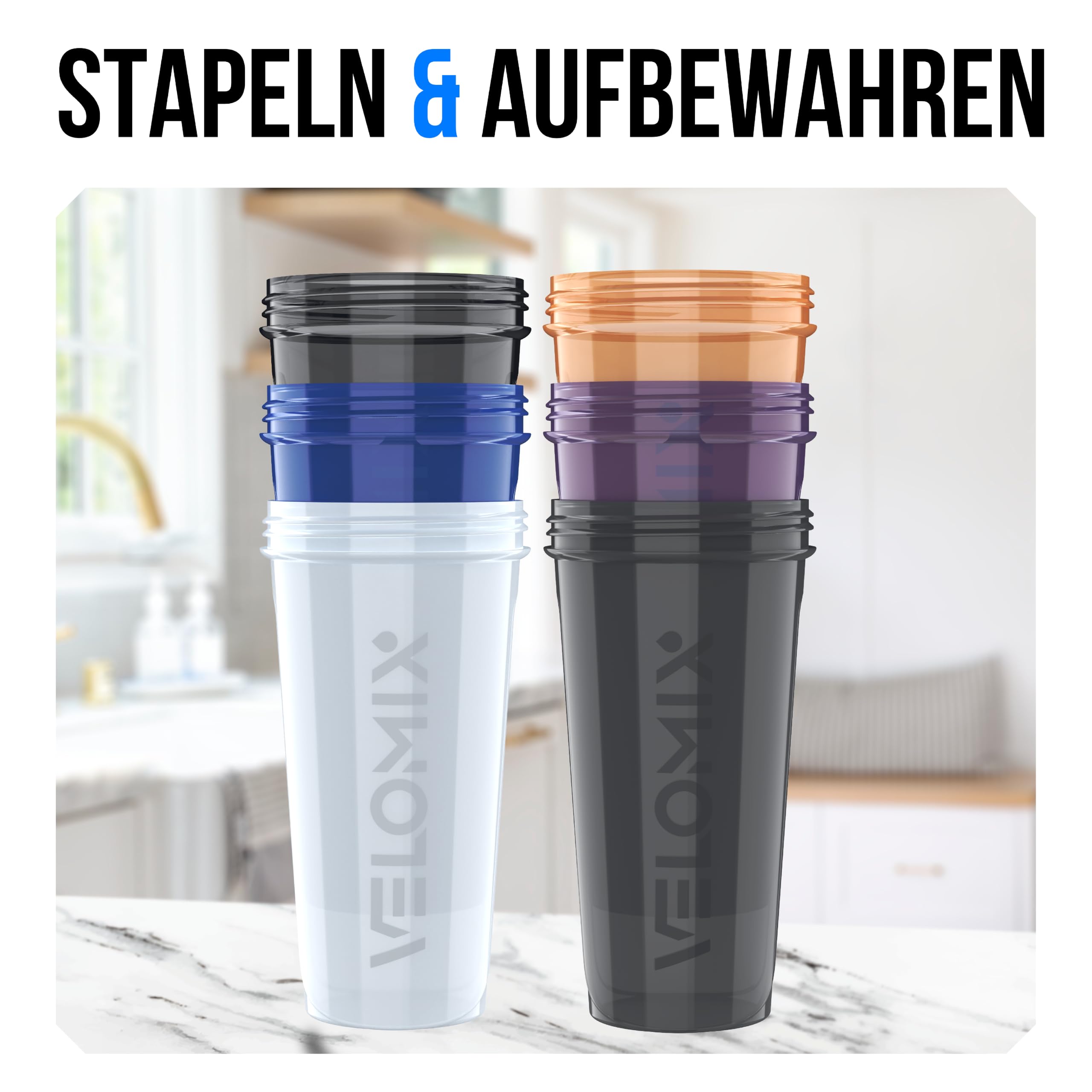 VELOMIX Protein-Shaker-Flasche für Proteinmischungen, 6 x Drahtbesen, auslaufsichere Shaker-Becher für Protein-Shakes, Protein-Shaker-Flaschenpack, Protein-Shaker-Becher (Elemental Mix), 6 Stück