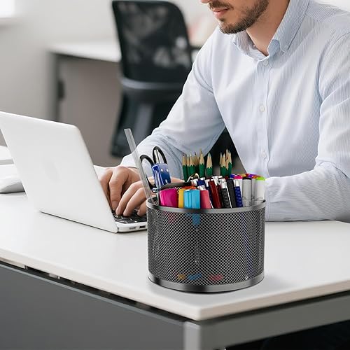 Miniatura 7 de LUCYCAZ Portalápices de metal giratorio de 360 grados para escritorio, vaso giratorio con 5 ranuras, organizador de bolígrafos de escritorio de