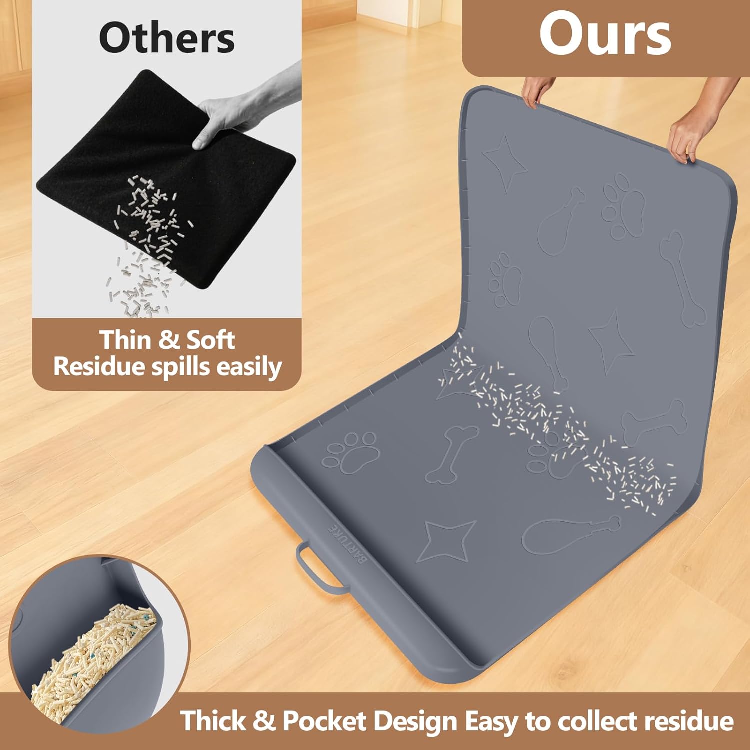 Silicone Cat Litter Mat with Collection Pocket, 42" x 28" Large Cat Litter Box Mat Waterproof Anti-Slip Litter Trapping Mat with Edge and Handle Pet Placemat for Floors (Dark Grey)