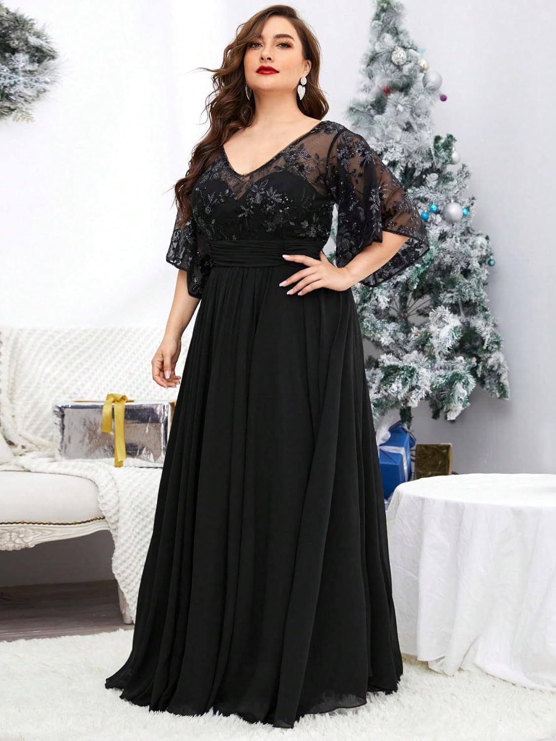 Women's Plus Size V Neck Lace Sequin Embellished with Pleat Waist Contrast Chiffon Long Formal Evening Party Dress - Image 3