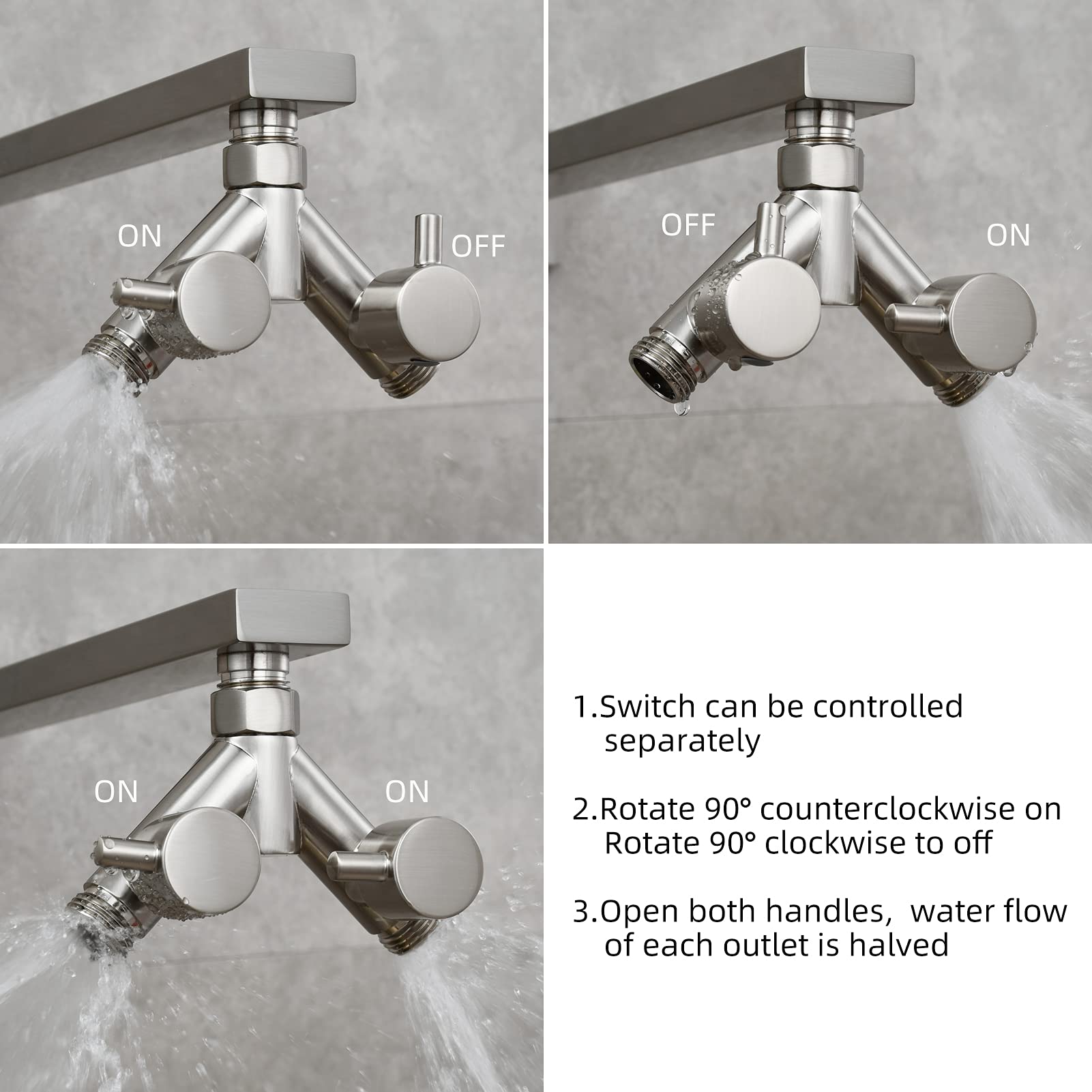 Tecmolog DSF014ANA Répartiteur en Y 2 voies 1/2" Adaptateur en laiton Vanne de dérivation Douche avec vannes d'arrêt Nickel brossé